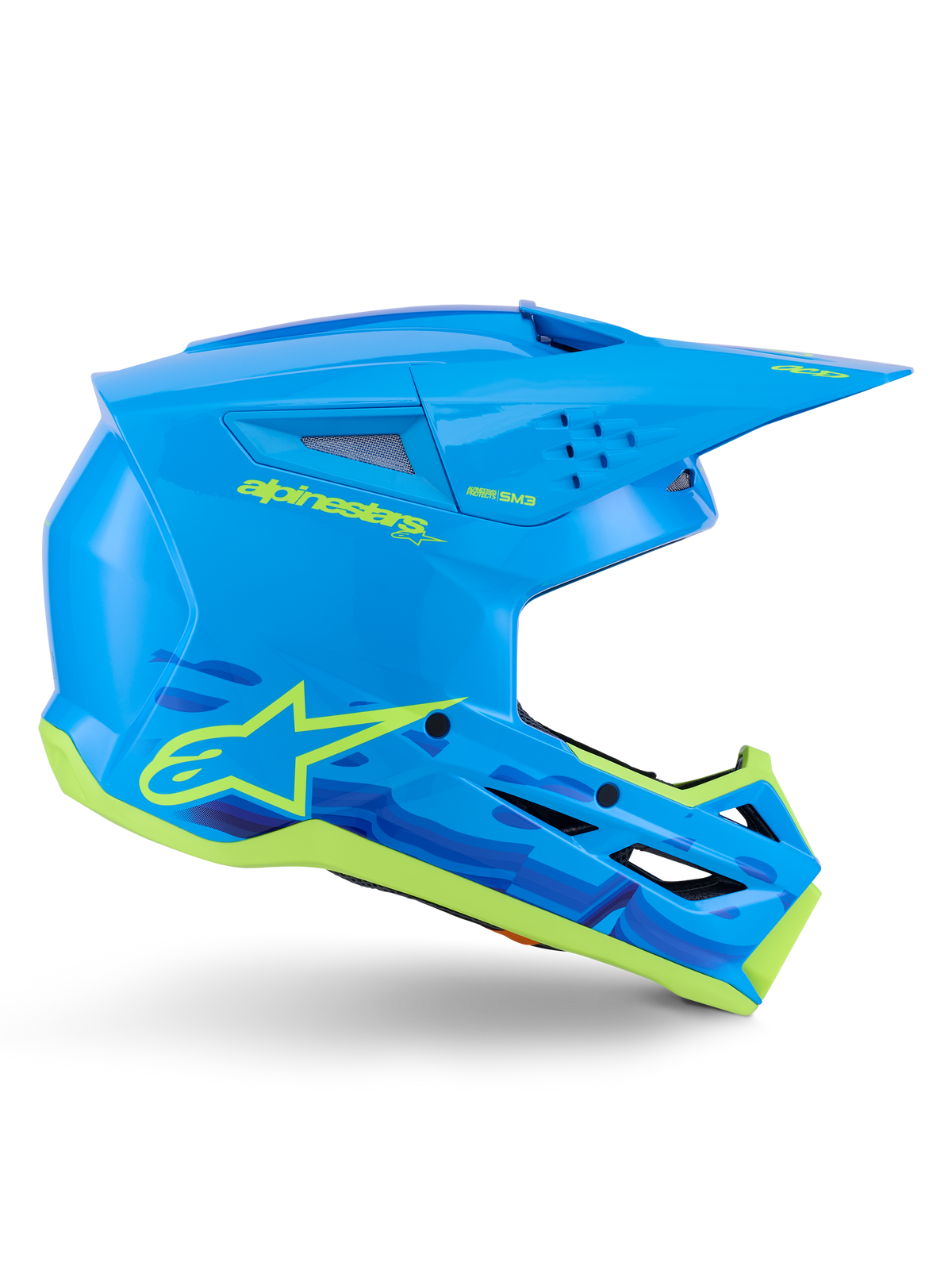 Alpinestars S-M3 Force OCD Helm, Motocross Offroad-Helm, Cyan glänzend mit neongelben Details, ECE 22.06 zertifiziert, aerodynamische Schale mit Belüftungsschlitzen, spitzes Visier und Stern-Logo-Grafiken