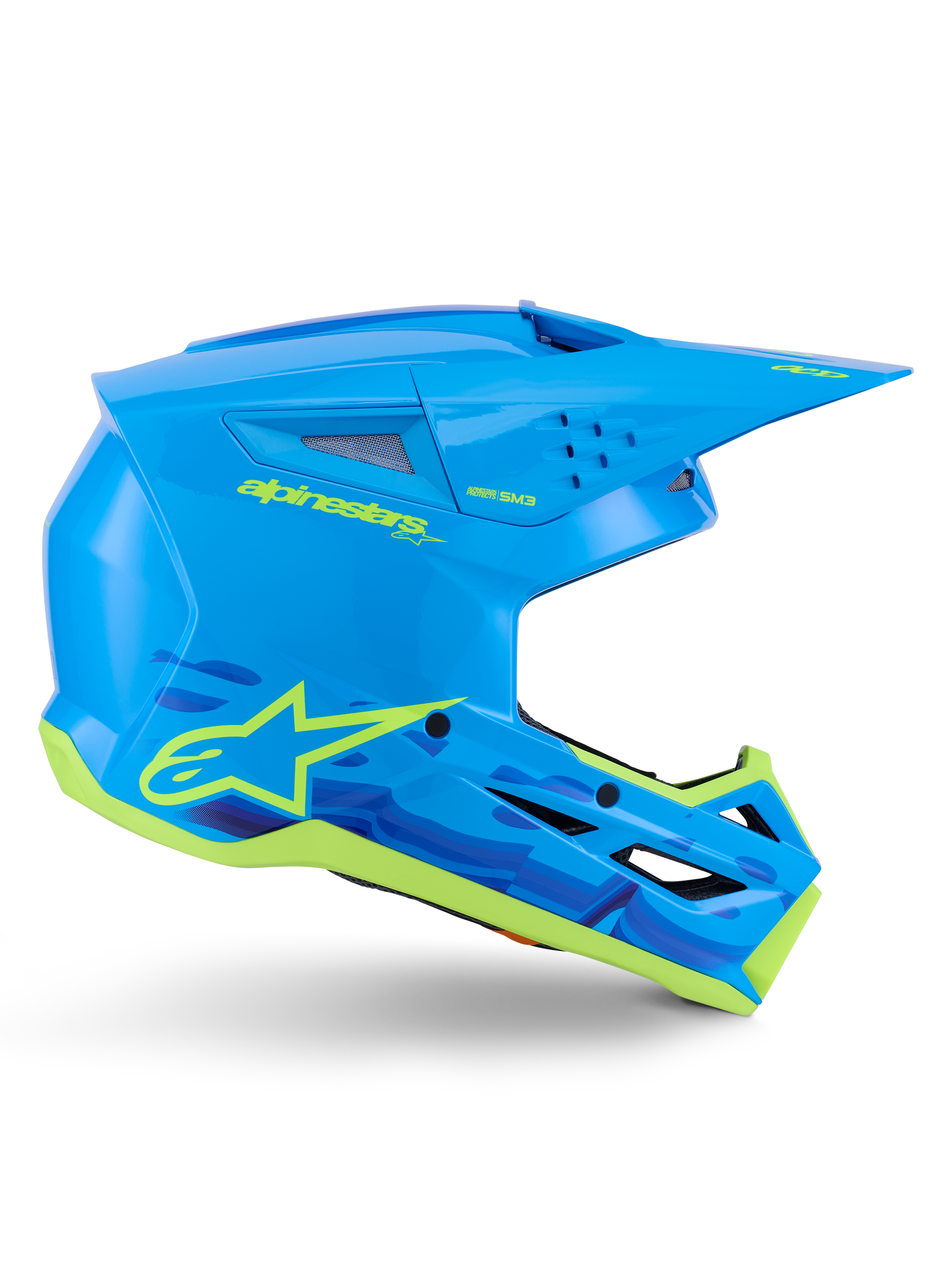 Casque Alpinestars S-M3 Force OCD, casque de motocross tout-terrain, cyan brillant avec détails jaune fluo, certifié ECE 22.06, coque aérodynamique avec fentes de ventilation, visière pointue et graphismes logo étoile