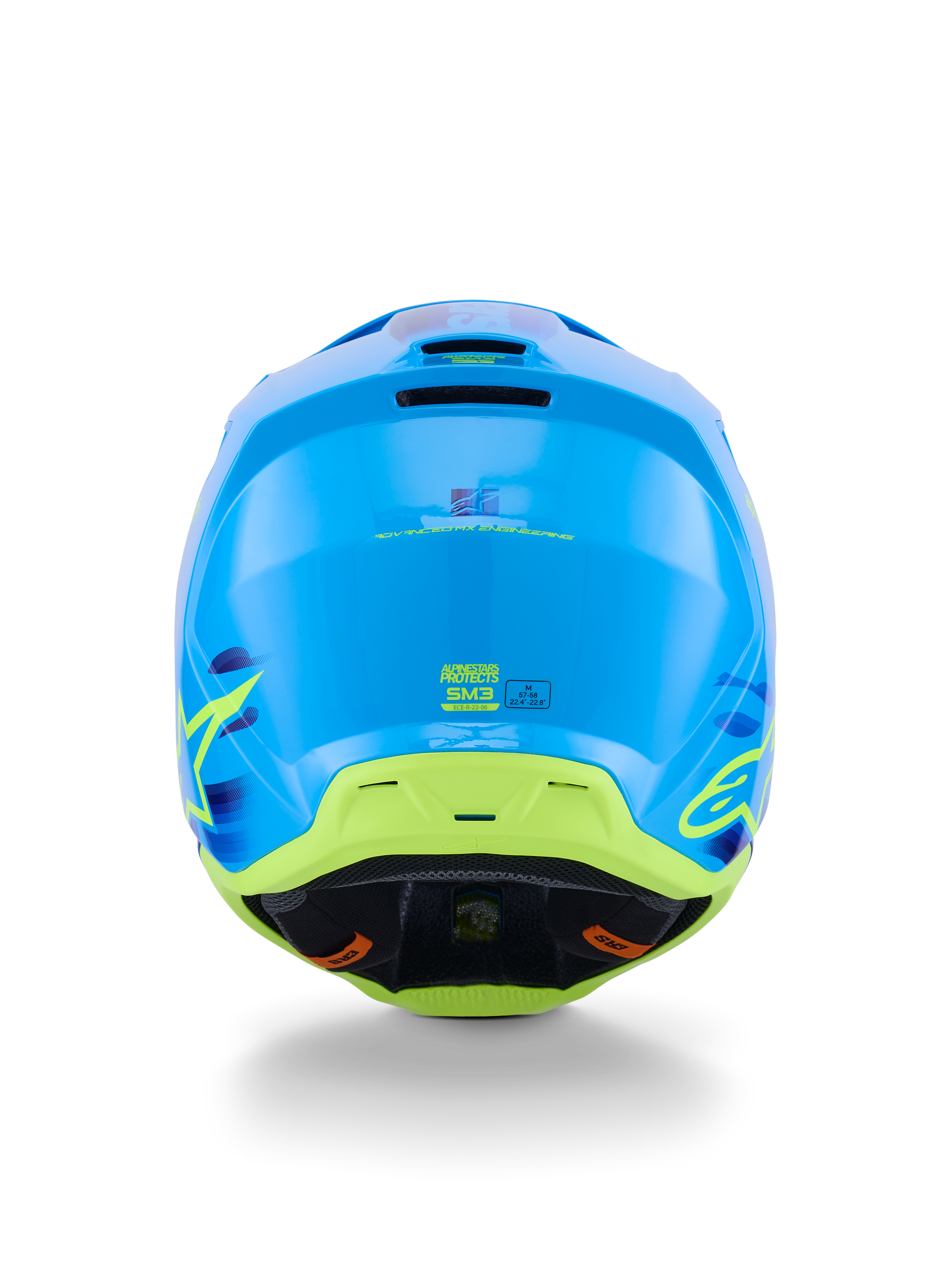 Alpinestars S-M3 Force OCD helm, motorcrosshelm, Cyan Glossy met limegroene en gele accenten, achteraanzicht met de nadruk op de aerodynamische schaalconstructie, luchtafvoerpoorten en ECE 22.06 veiligheidsmarkeringen.