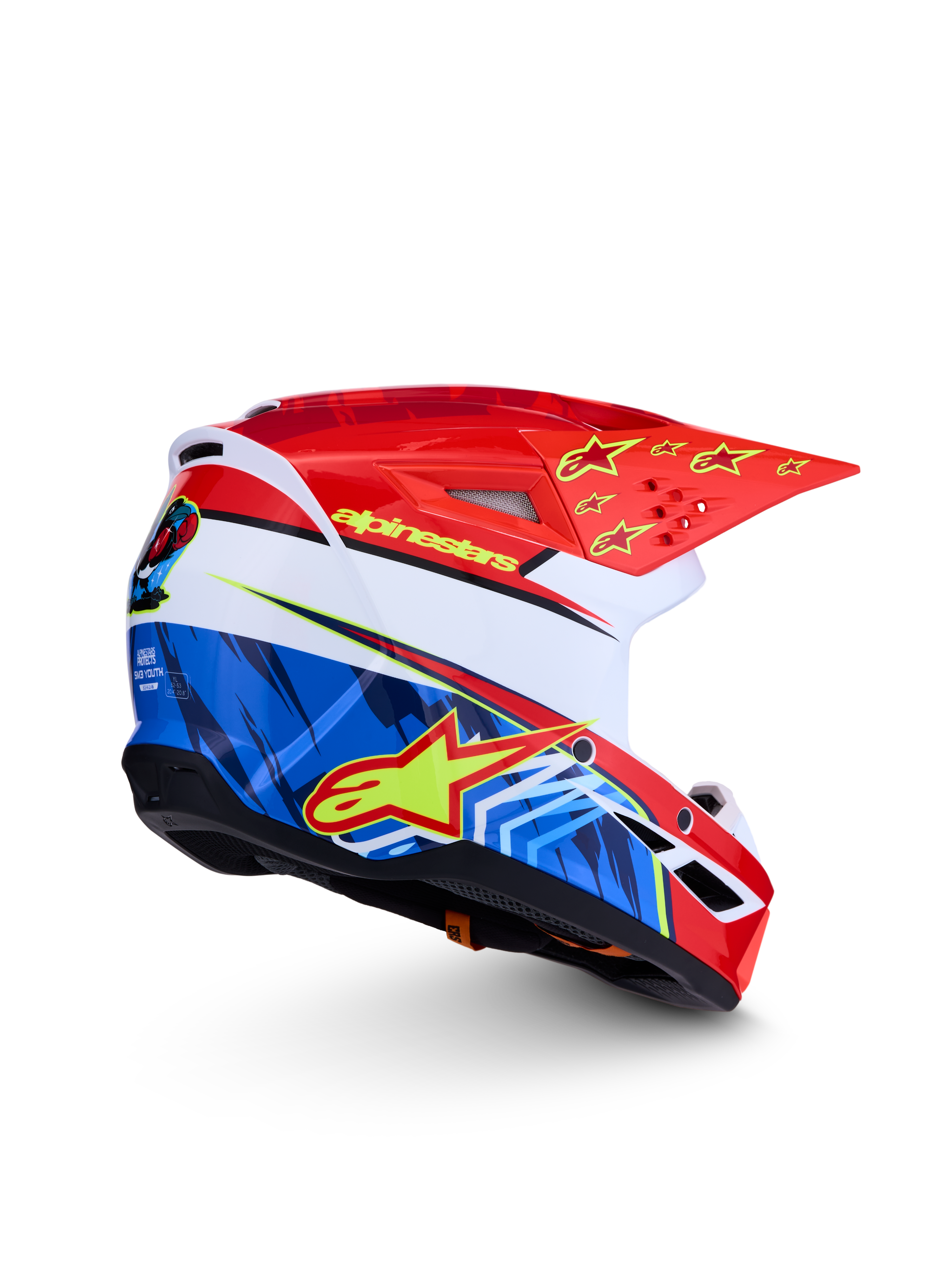Casque Alpinestars SM3 Falcon Junior ECE06, casque de motocross tout-terrain, rouge, bleu et blanc avec graphismes d'étoiles jaunes, certifié ECE 2206