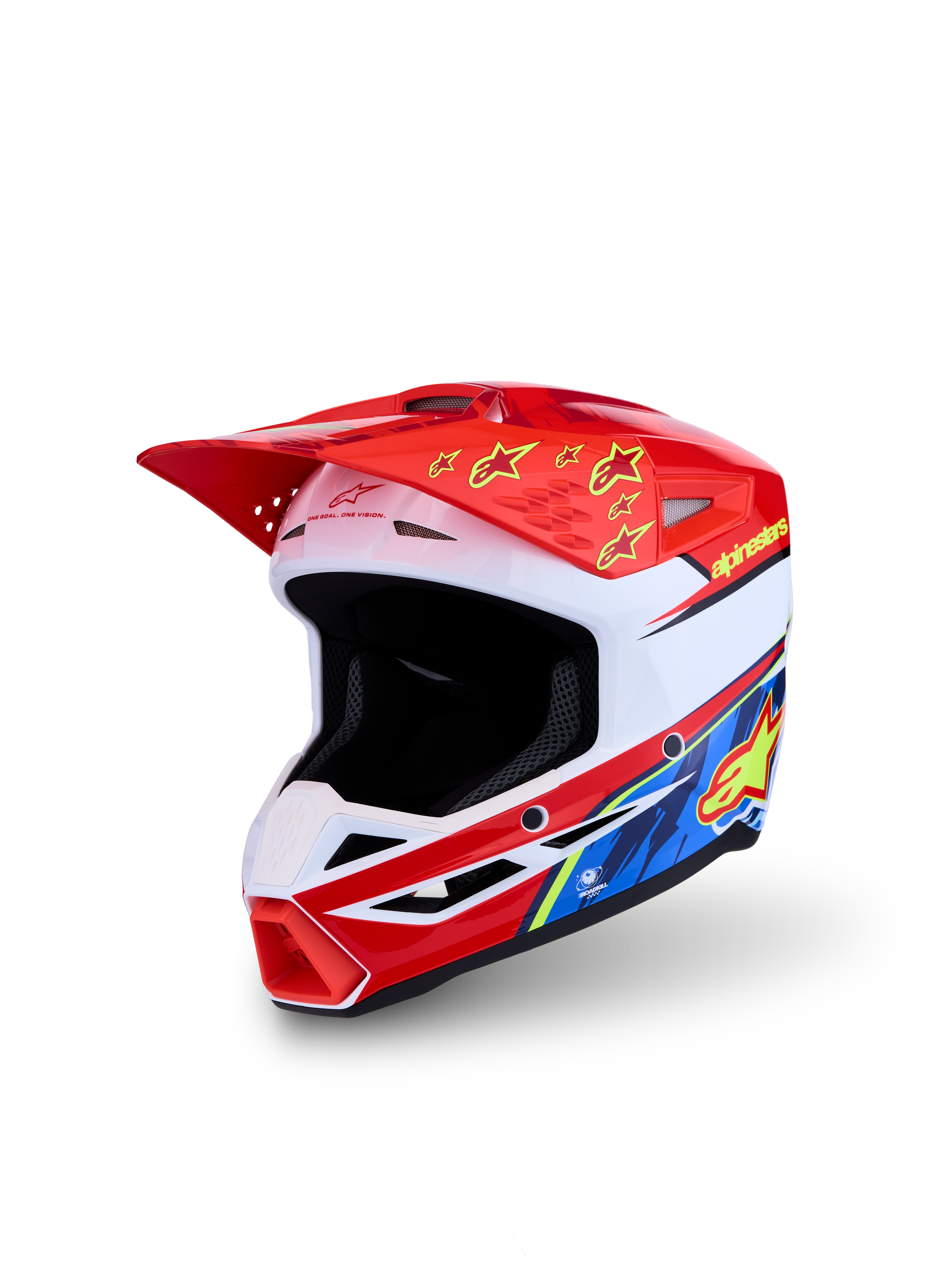 Casque Alpinestars SM3 Falcon Junior ECE06, motocross pour enfant, rouge et blanc, motifs jaunes et bleus, certifié ECE 2206.