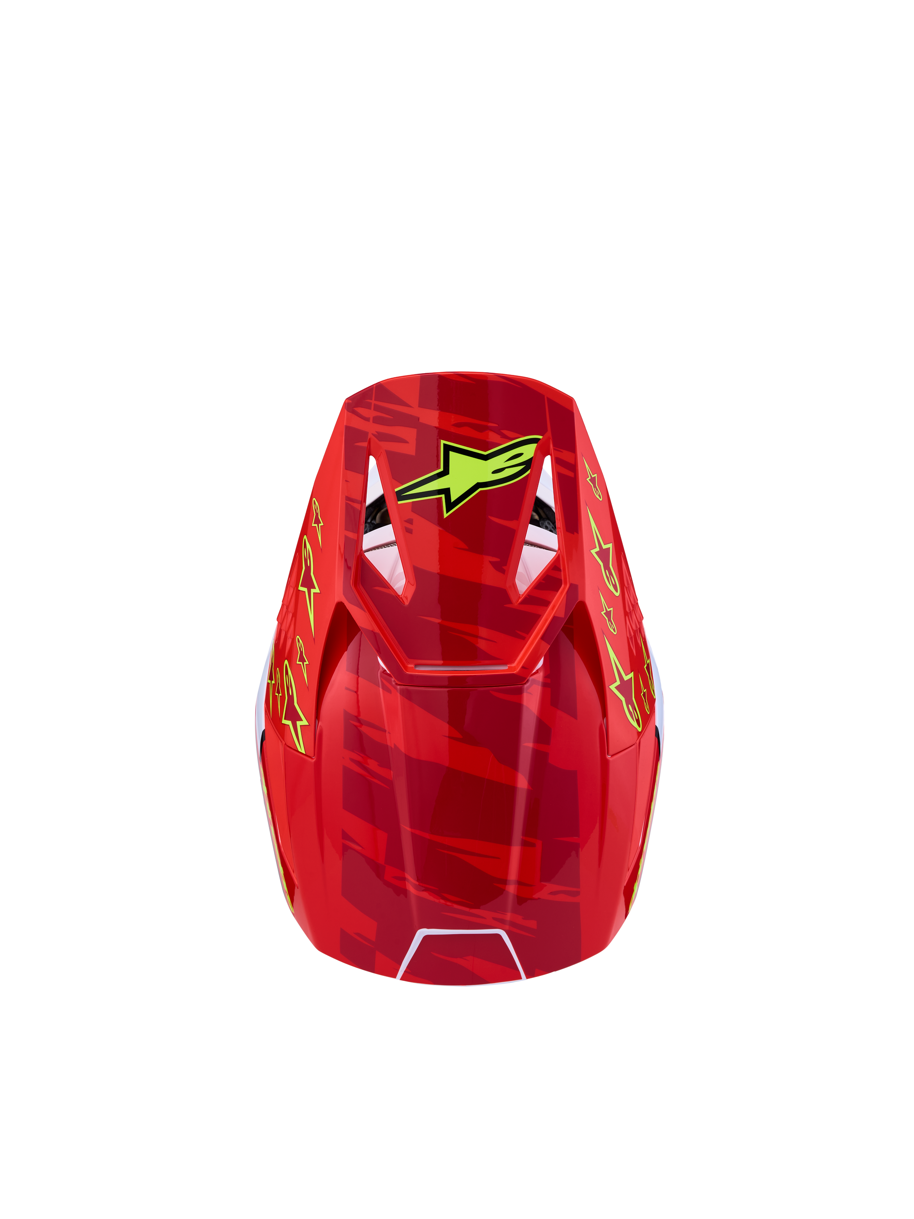 Casque Alpinestars SM3 Falcon Junior ECE06, casque de motocross pour enfant, rouge et jaune avec graphismes camouflage, vue de dessus montrant les aérations, certifié ECE 2206