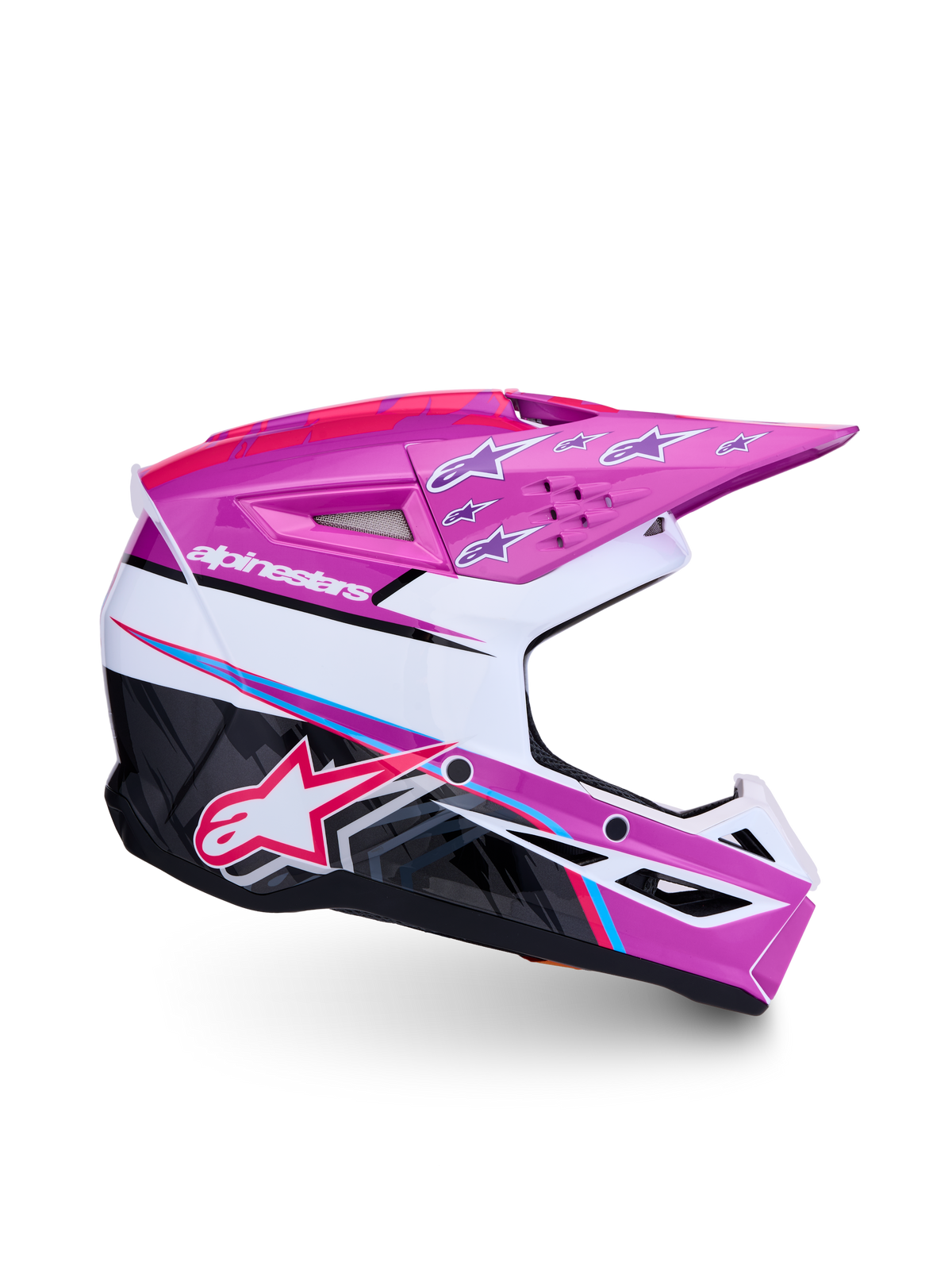 Alpinestars Jeugd SM3 Falcon helm, motocrosshelm in paars, wit en fluor roze, ECE 22.06 gecertificeerd.