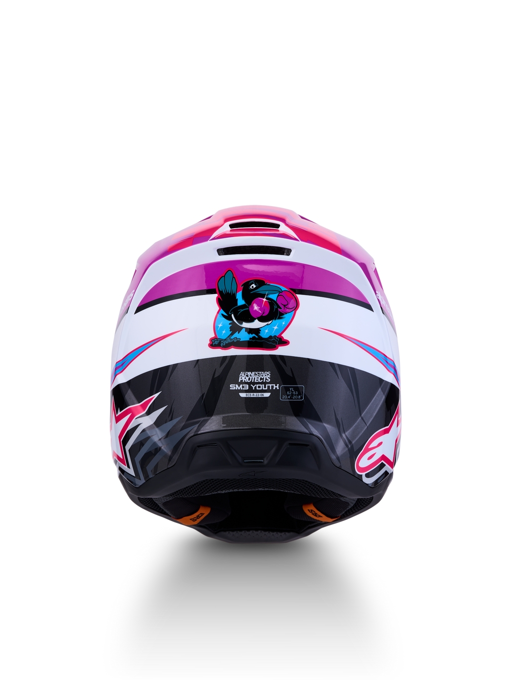 Alpinestars Jeugd SM3 Falcon Helm ECE06, paarse en witte motorcrosshelm met roze accenten en vogelgrafiek achterop.