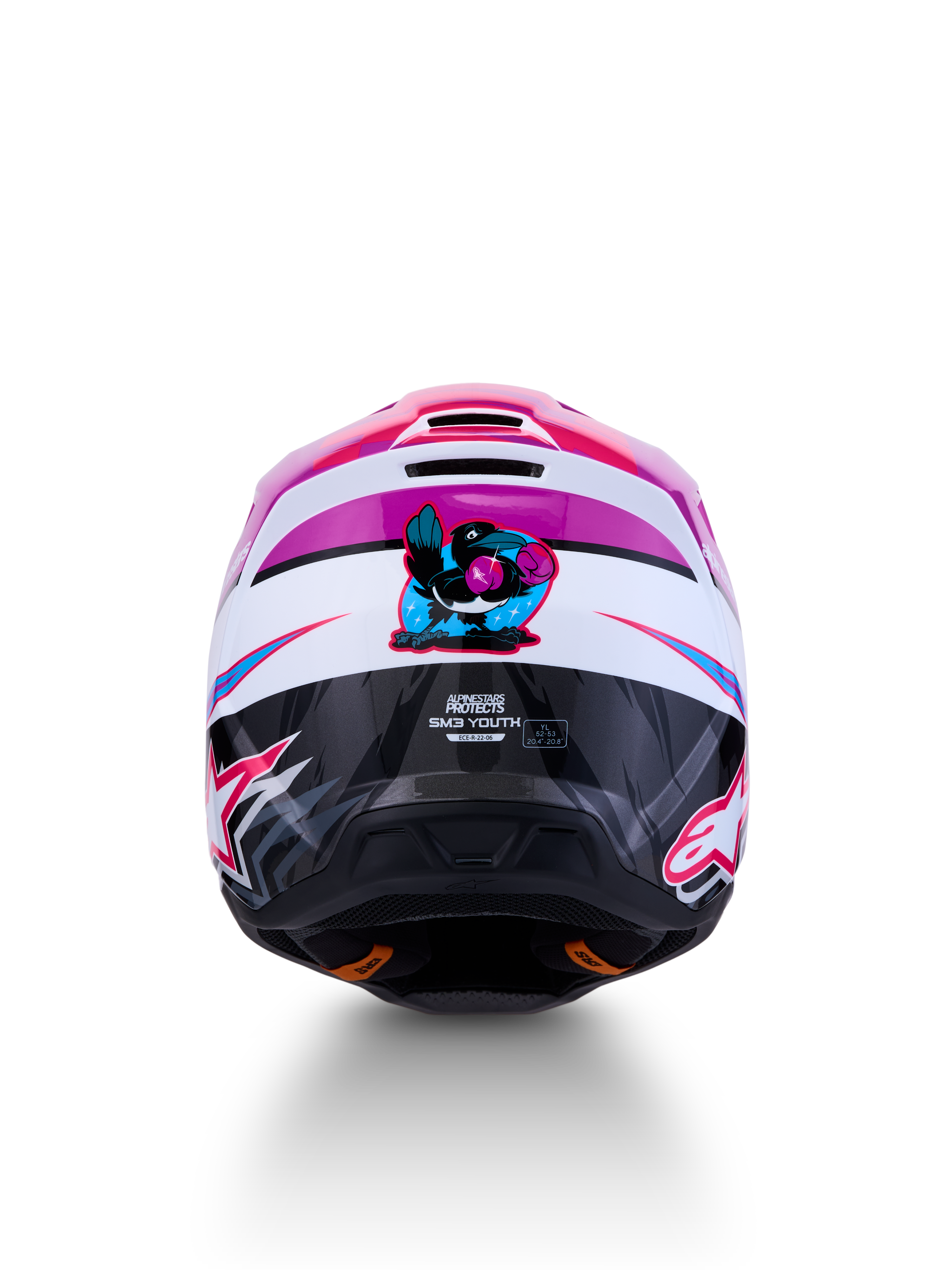 Alpinestars Jeugd SM3 Falcon Helm ECE06, paarse en witte motorcrosshelm met roze accenten en vogelgrafiek achterop.