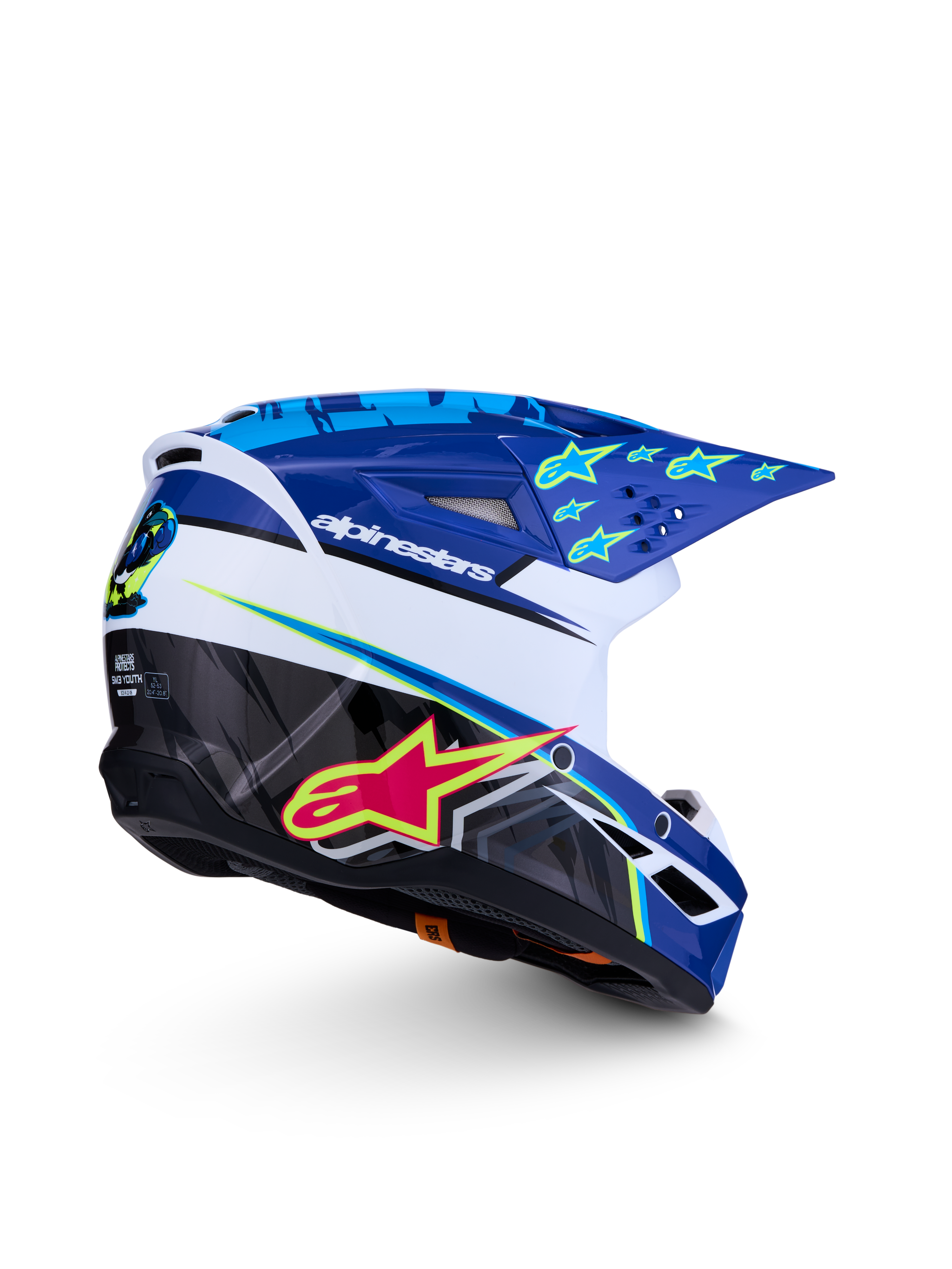 Alpinestars jeugd SM3 Falcon helm, blauw-witte motorcrosshelm met roze en gele graphics, ECE 22.06-gecertificeerd.