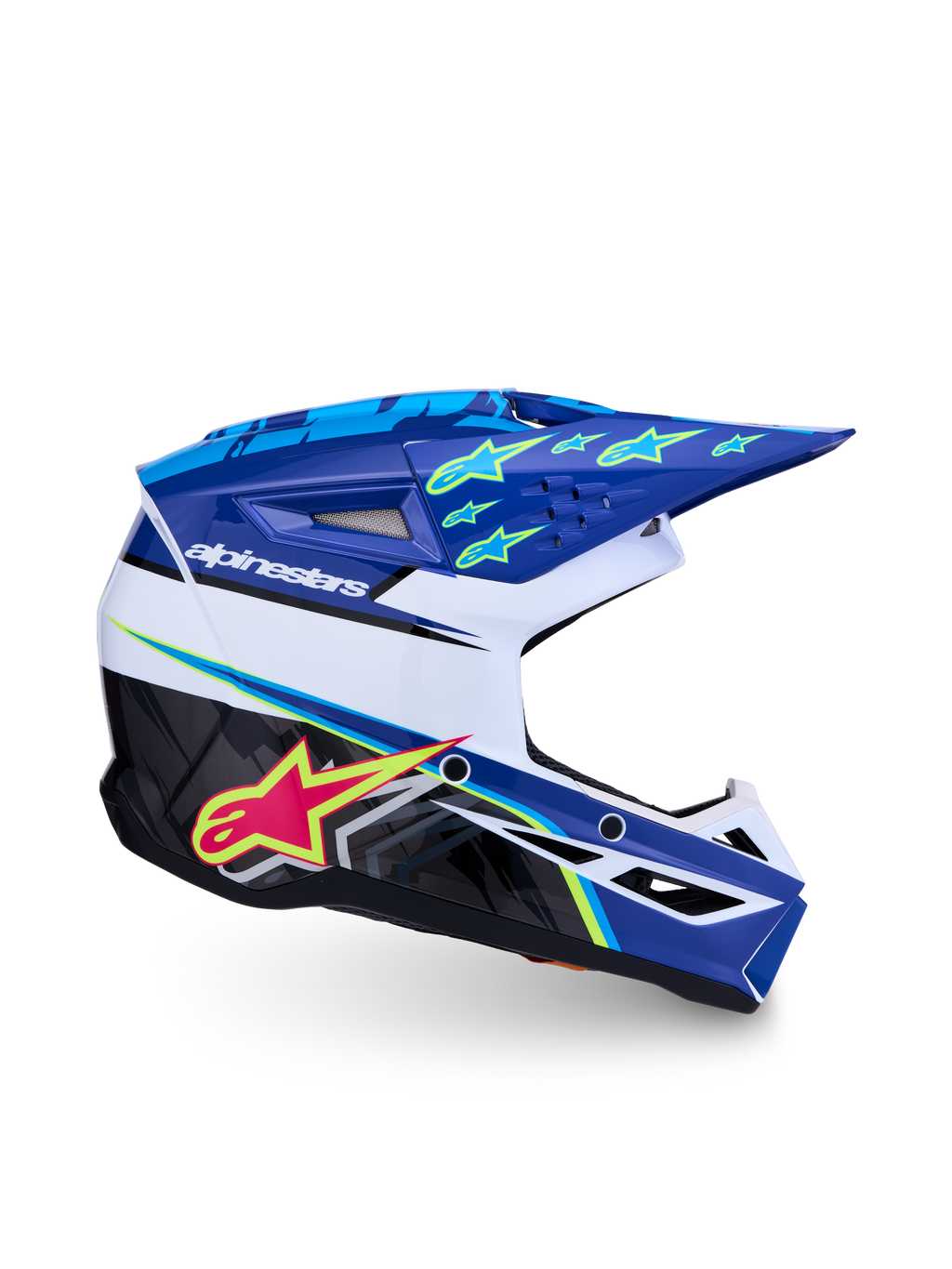 Alpinestars Jeugd SM3 Falcon Helm ECE06, blauw-witte jeugdmotorcrosshelm met roze en fluogele accenten, ECE-gecertificeerd