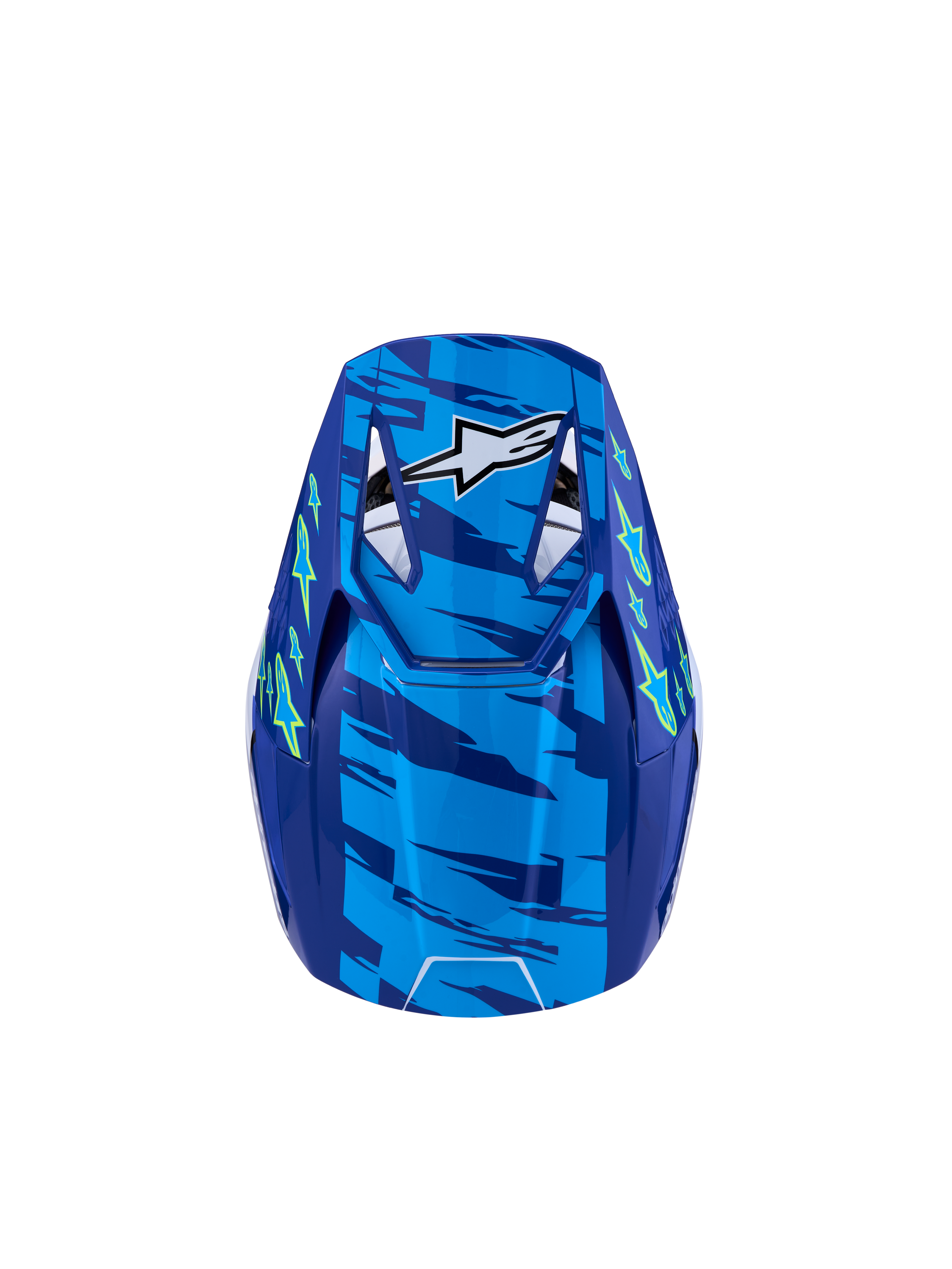 Alpinestars Jeugd SM3 Falcon helm, blauwe en gele motorcrosshelm, achteraanzicht voor jonge rijders, ECE06-gecertificeerd.