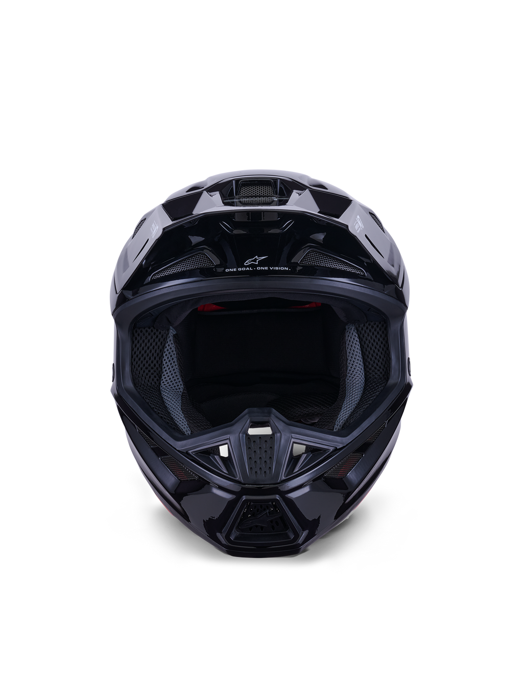 Alpinestars S-M7 Solid Helmet ECE 22.06, Motocross Helmet, Black Glossy, front view highlighting the aerodynamic composite shell, ventilation ports on the chin bar, and internal mesh padding, sleek finish for off-road racing