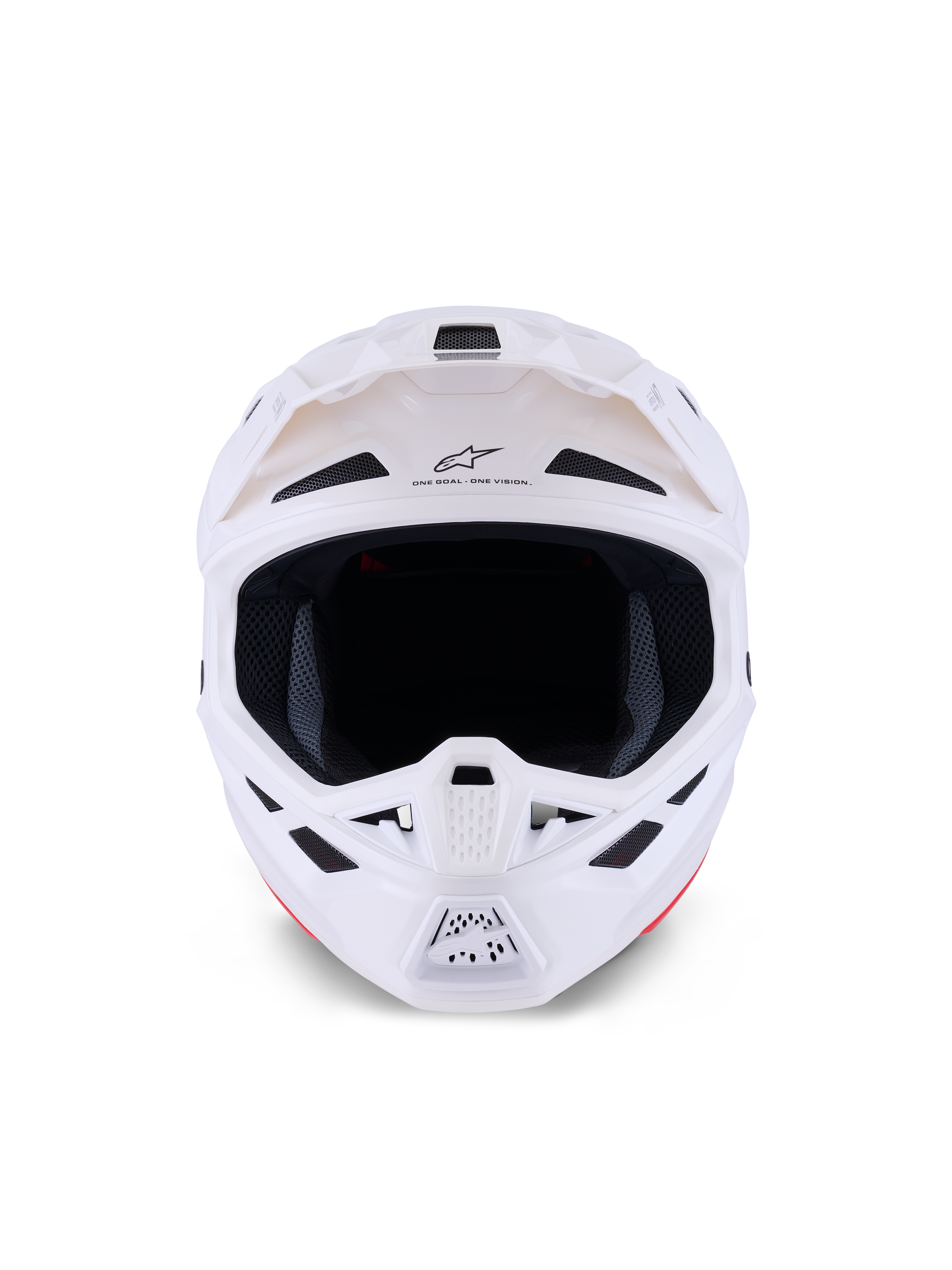 Alpinestars S-M7 Solid Helmet, Motocross Helmet, White Glossy, frontal view showing ventilation ports and chin guard, aerodynamic composite shell design for off-road racing