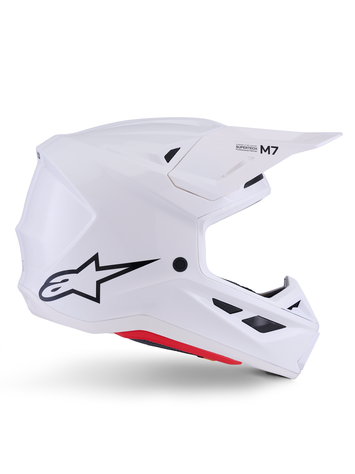 Alpinestars S-M7 Solid Helmet ECE 22.06, casque de motocross, blanc brillant, design aérodynamique angulaire avec grilles de ventilation noires, logo étoile noir et marquage M7, protection professionnelle pour la course tout-terrain