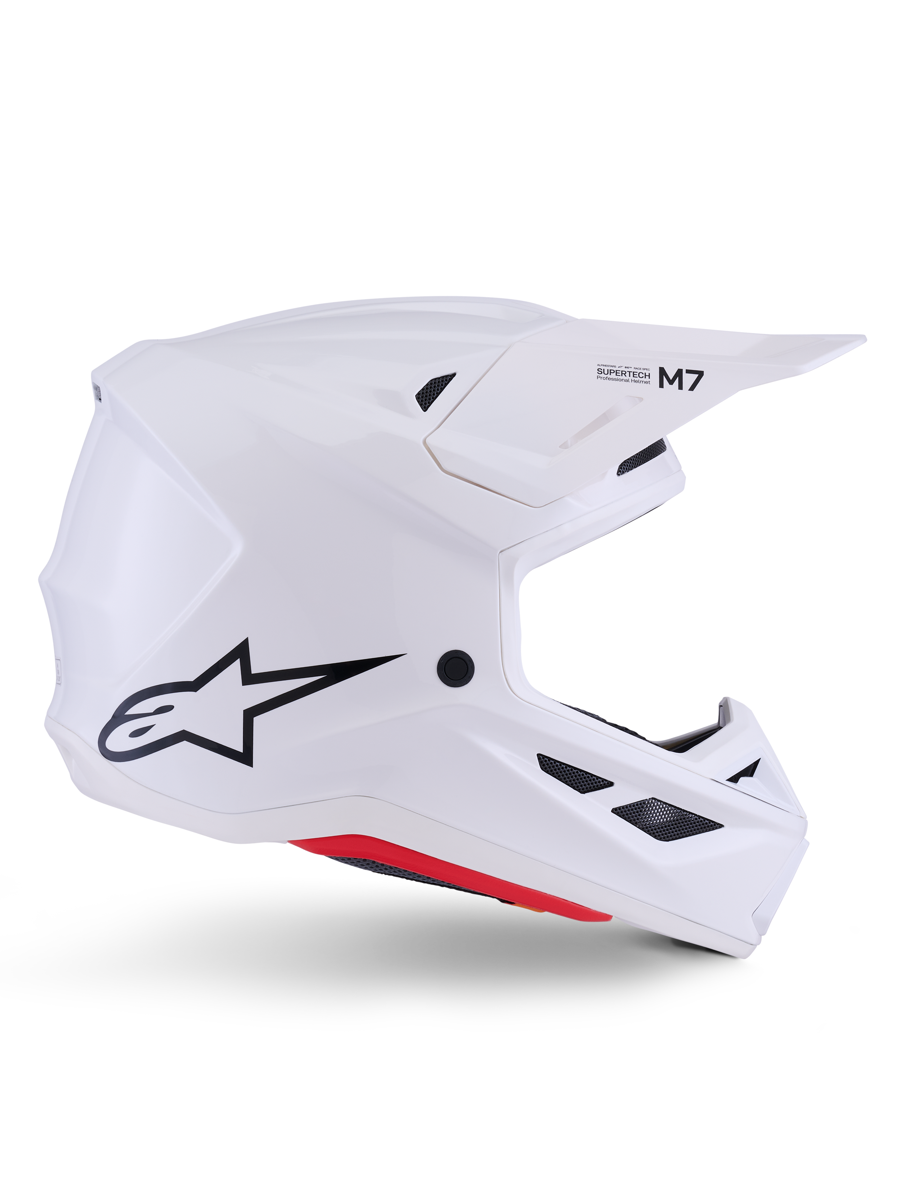 Alpinestars S-M7 Solid Helmet ECE 22.06, casque de motocross, blanc brillant, design aérodynamique angulaire avec grilles de ventilation noires, logo étoile noir et marquage M7, protection professionnelle pour la course tout-terrain