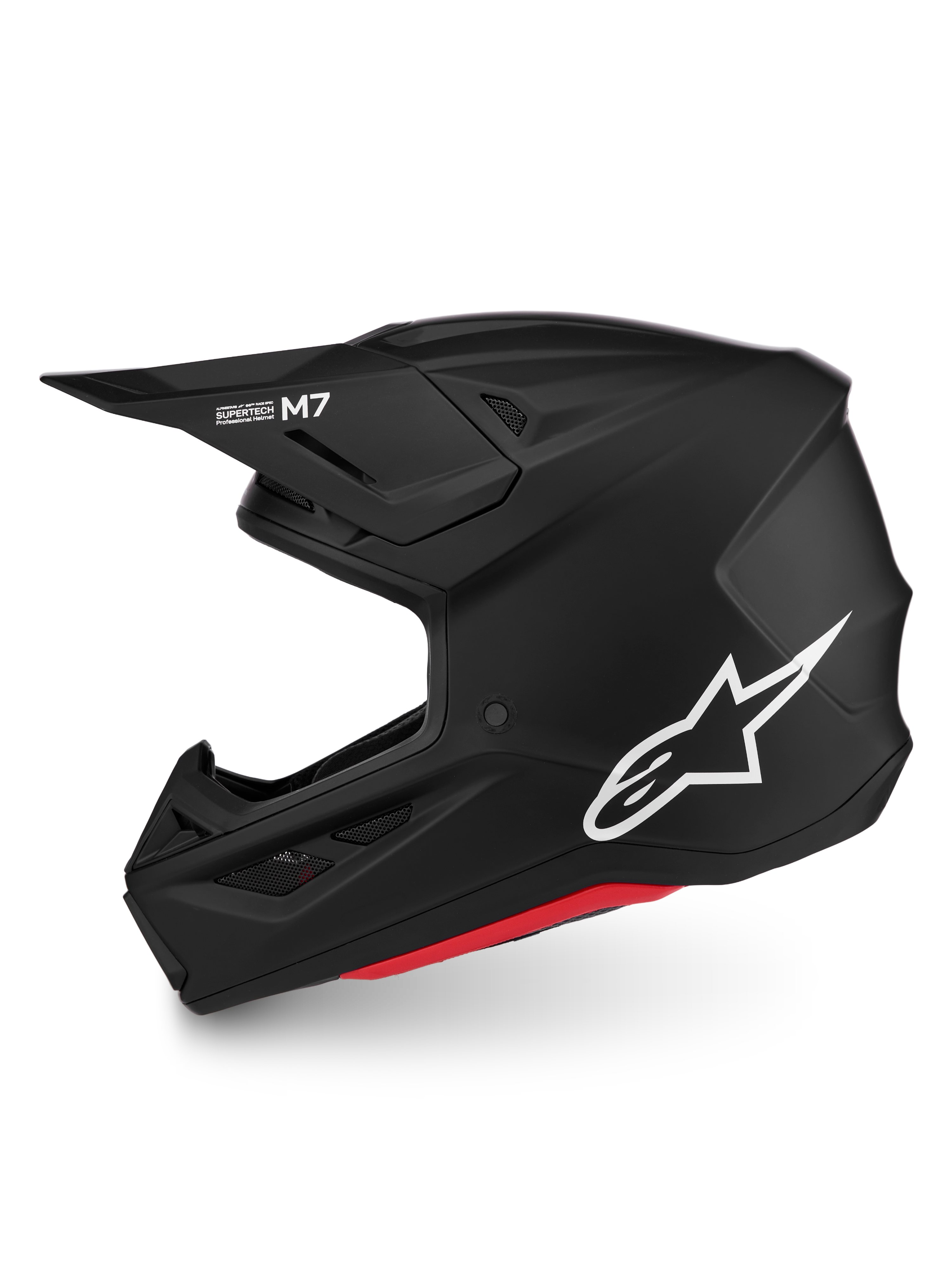 Alpinestars S-M7 Solid helm, matzwarte motorcrosshelm met wit logo, aerodynamisch ontwerp, ECE 22.06-gecertificeerd.