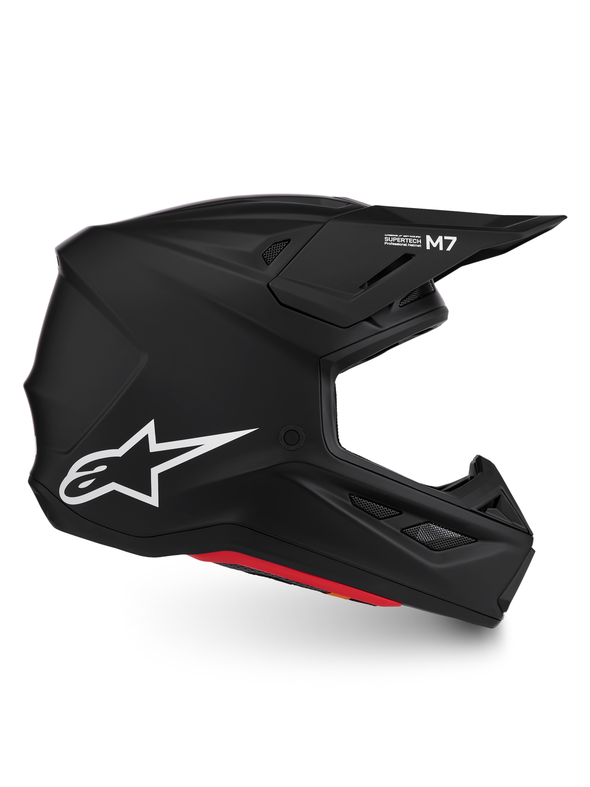Alpinestars S-M7 Solid Helmet ECE06, Matte Black motocross helmet, streamlined composite shell, white Astar logo, ECE 22.06.