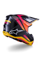 Alpinestars S-M7 Rise Helm, Motocross-Helm, Schwarz, Gelb und Pink glänzend, Rück- und Seitenansicht mit aerodynamischer Verbundschale, lebhaften Farbverläufen, markantem Branding und Belüftungsöffnungen