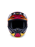 Alpinestars S-M7 Rise Helm ECE 22.06, Motocross-Helm, Schwarz, Gelb und Pink glänzend mit orangefarbenen Farbverläufen, Vorderansicht mit aerodynamischer Verbundschale, mehreren Belüftungsöffnungen mit Mesh-Einsätzen und „One Goal. One Vision.“ Branding, konzipiert für den Offroad-Rennsport.