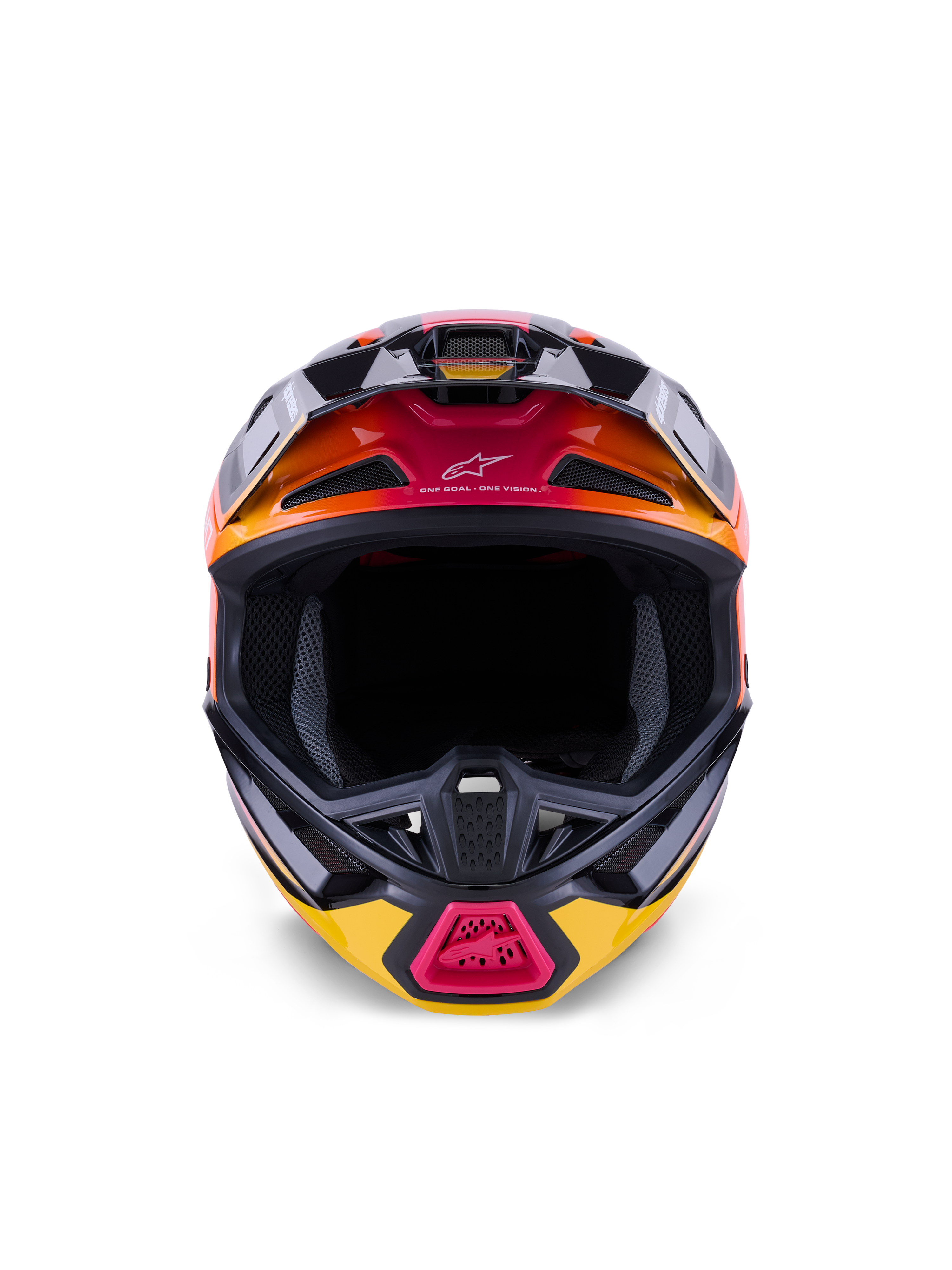 Alpinestars S-M7 Rise Helm ECE 22.06, Motocross-Helm, Schwarz, Gelb und Pink glänzend mit orangefarbenen Farbverläufen, Vorderansicht mit aerodynamischer Verbundschale, mehreren Belüftungsöffnungen mit Mesh-Einsätzen und „One Goal. One Vision.“ Branding, konzipiert für den Offroad-Rennsport.
