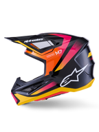 Alpinestars S-M7 Rise Helm, Motocross-Helm, Schwarz, Gelb und Pink Glänzend, Seitenprofil mit leuchtenden Akzenten in Orange und Pink mit Farbverlauf, weißes Alpinestars-Logo, schlankes aerodynamisches Design mit schwarzem Visier, professioneller Kopfschutz für den Offroad-Rennsport
