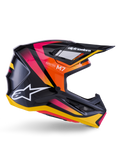 Alpinestars S-M7 Rise Helm, Motocross-Rennhelm, Glänzendes Schwarz mit Grafiken in Pink, Orange und Gelb, Seitenprofilansicht, mit weißem Alpinestars-Logo und Visier, aerodynamische Schale mit integrierten Belüftungsöffnungen