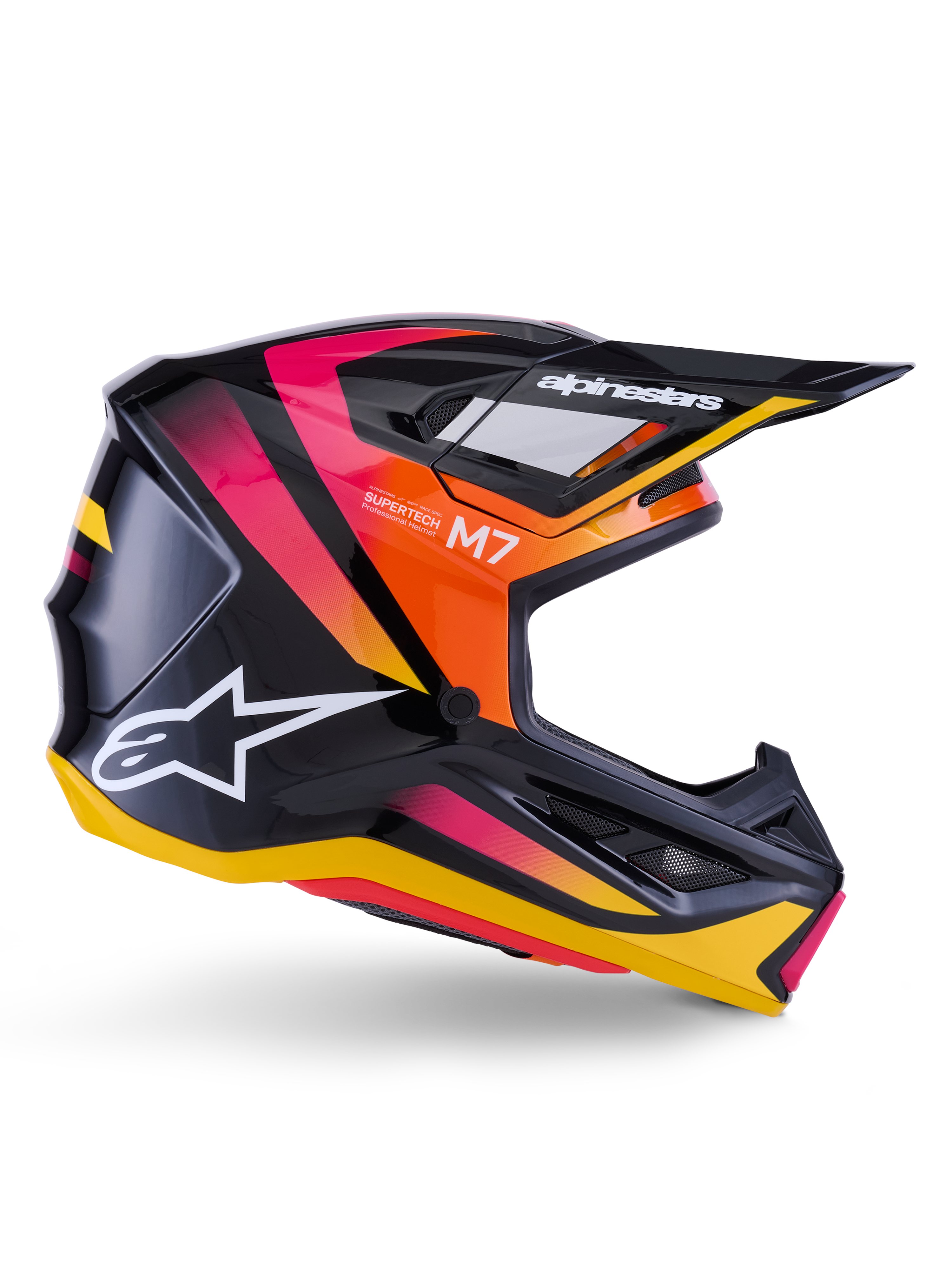 Alpinestars S-M7 Rise Helm, Motocross-Rennhelm, Glänzendes Schwarz mit Grafiken in Pink, Orange und Gelb, Seitenprofilansicht, mit weißem Alpinestars-Logo und Visier, aerodynamische Schale mit integrierten Belüftungsöffnungen