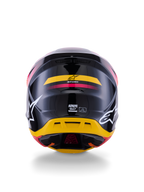 Alpinestars S-M7 Rise Helm ECE 22.06, Motocross-Helm, Rückansicht, Glänzend Schwarz mit gelben und pinken Akzenten, große weiße Logos an den Seiten, aerodynamische Verbundschale, Offroad-Rennausrüstung