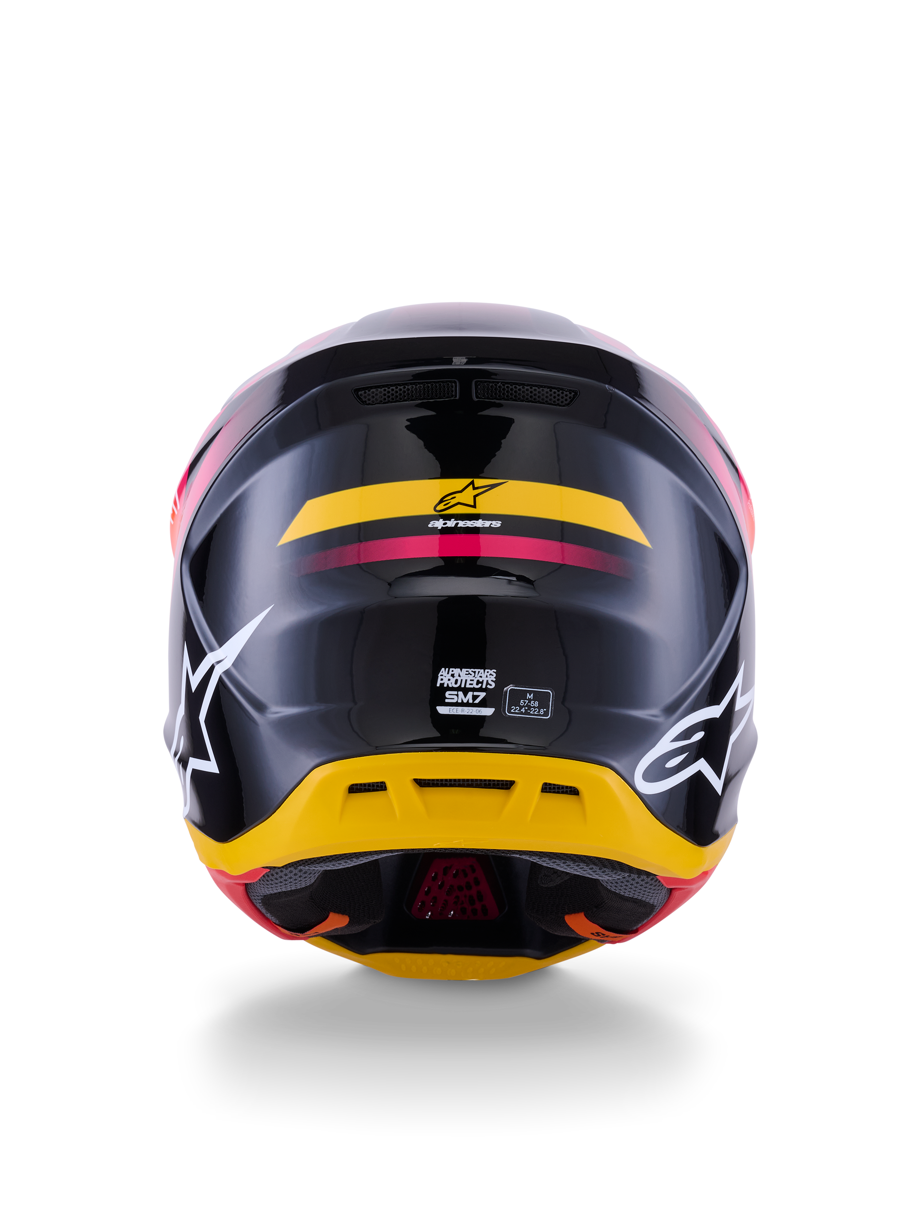 Alpinestars S-M7 Rise Helm ECE 22.06, Motocross-Helm, Rückansicht, Glänzend Schwarz mit gelben und pinken Akzenten, große weiße Logos an den Seiten, aerodynamische Verbundschale, Offroad-Rennausrüstung