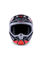 Alpinestars S-M7 Rise Helmet, Motocross Helmet, Black Silver and Red Fluo Glossy, front-facing view showing aerodynamic composite shell, multiple intake vents, and large eye port, engineered for off-road racing protection.