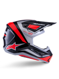 Alpinestars S-M7 Rise Helmet, Motocross Helmet, Black Silver and Red Fluo, side view showing angular aerodynamic design with peak visor and air vents, glossy finish, Supertech M7 series