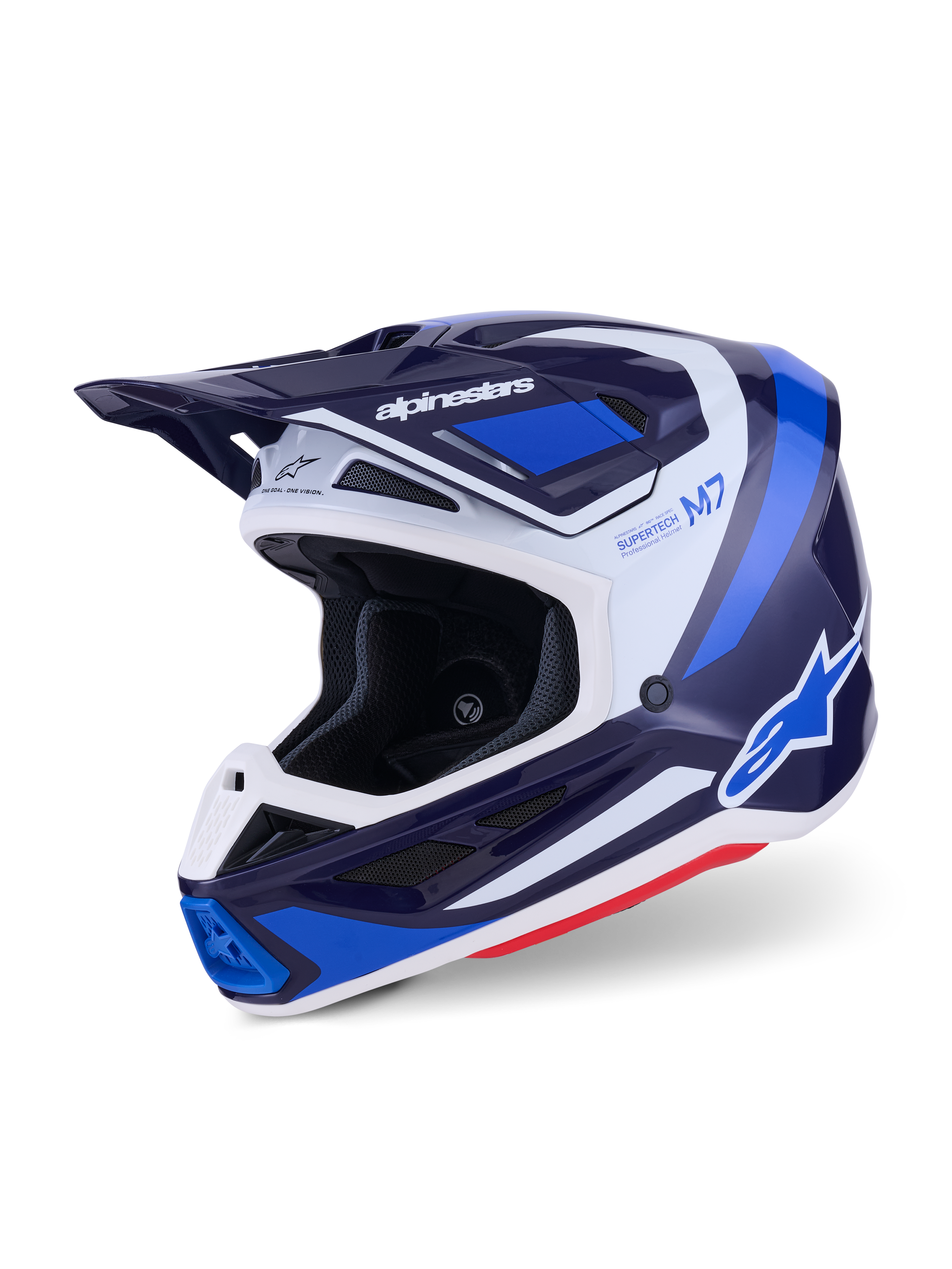 Casque de motocross Alpinestars S-M7 Rise, Bleu Blanc Brillant, vue de trois-quarts montrant une coque aérodynamique avec visière intégrée et de multiples orifices de ventilation, présentant des accents graphiques blancs et bleus et un marquage audacieux, équipement de course tout-terrain haute performance