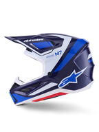 Casque Alpinestars S-M7 Rise, casque de motocross, bleu, blanc et bleu marine brillant, vue de profil avec le logo Alpinestars sur la visière et le côté, inscriptions M7 et Supertech, coque aérodynamique avec orifices de ventilation, finition brillante pour la performance tout-terrain.