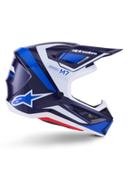 Casque Alpinestars S-M7 Rise, casque de motocross, bleu et blanc brillant, profil latéral présentant une coque composite aérodynamique, visière ventilée et design angulaire avec marquage audacieux, protection professionnelle tout-terrain