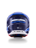 Casque Alpinestars S-M7 Rise, vue arrière, bleu et blanc brillant, avec le logo Alpinestars et le marquage SM7, coque composite aérodynamique avec partie inférieure blanche et orifices de ventilation, protection de tête haute performance pour le motocross