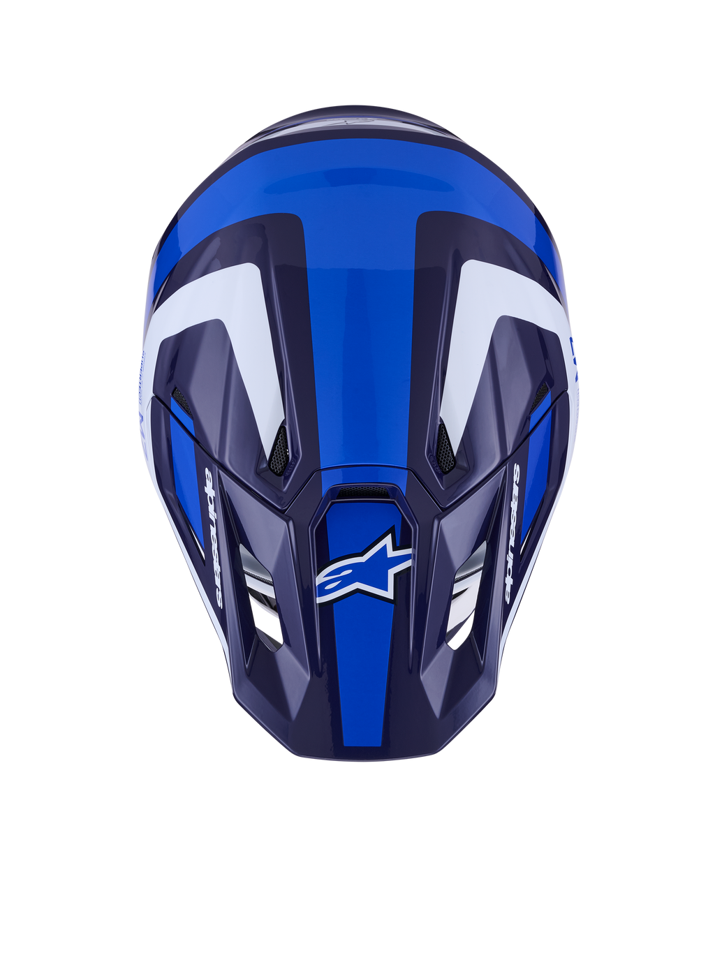 Casque Alpinestars S-M7 Rise, casque de motocross, bleu et blanc brillant, vue de dessus montrant la coque aérodynamique et les ports de ventilation, avec des graphismes angulaires blancs et bleu foncé et un marquage distinctif