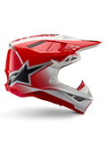 Casque Alpinestars Supertech M10 Unite, casque de motocross, rouge et blanc brillant, présentant une vue de profil avec des motifs géométriques angulaires, un graphique d'étoile noire, de multiples aérations en maille et un design aérodynamique pour la course tout-terrain