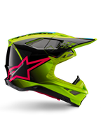 Alpinestars Supertech M10 Unite helm, motorcross racehelm, fluogeel en zwart met Diva Pink ster-graphics, glanzend aerodynamisch ontwerp met meerdere ventilatieopeningen, ECE 22.06 gecertificeerd