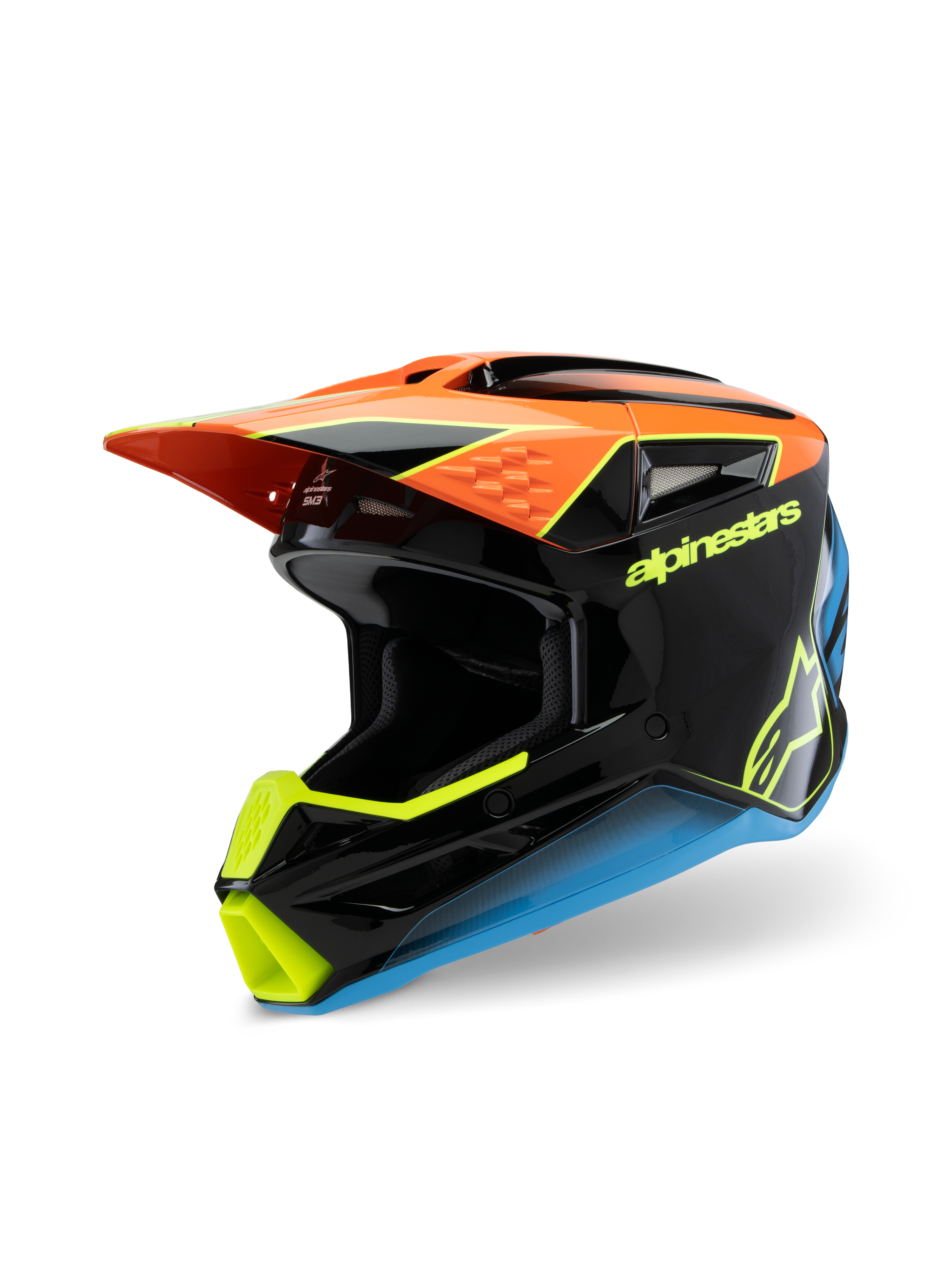 Alpinestars S-M3 Youth Fray helm, motorcrosshelm, zwart, oranje, geel en blauw, voorzien van een glanzende afwerking, aerodynamisch vizier en opvallende branding voor jeugd off-road racing