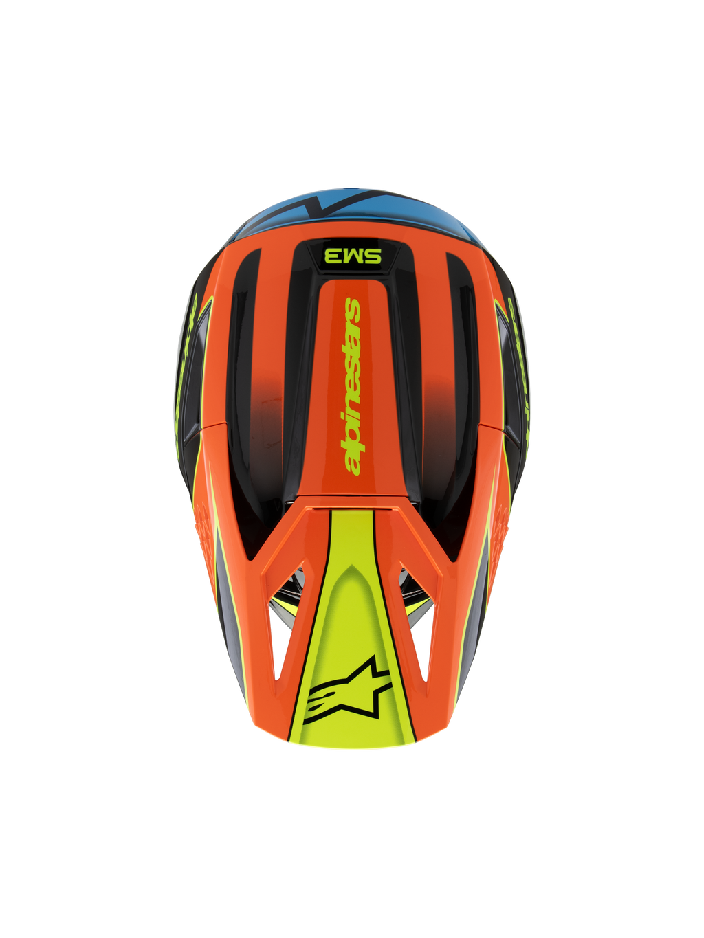 Alpinestars S-M3 Youth Fray Helm, bovenaanzicht, oranje, zwart en geel met blauwe accenten, voorzien van 'alpinestars' branding en ster-logo op het vizier, gestroomlijnd aerodynamisch ontwerp voor jeugd motocross en off-road rijden