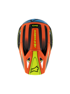 Alpinestars S-M3 Youth Fray Helm, bovenaanzicht, oranje, zwart en geel met blauwe accenten, voorzien van 'alpinestars' branding en ster-logo op het vizier, gestroomlijnd aerodynamisch ontwerp voor jeugd motocross en off-road rijden