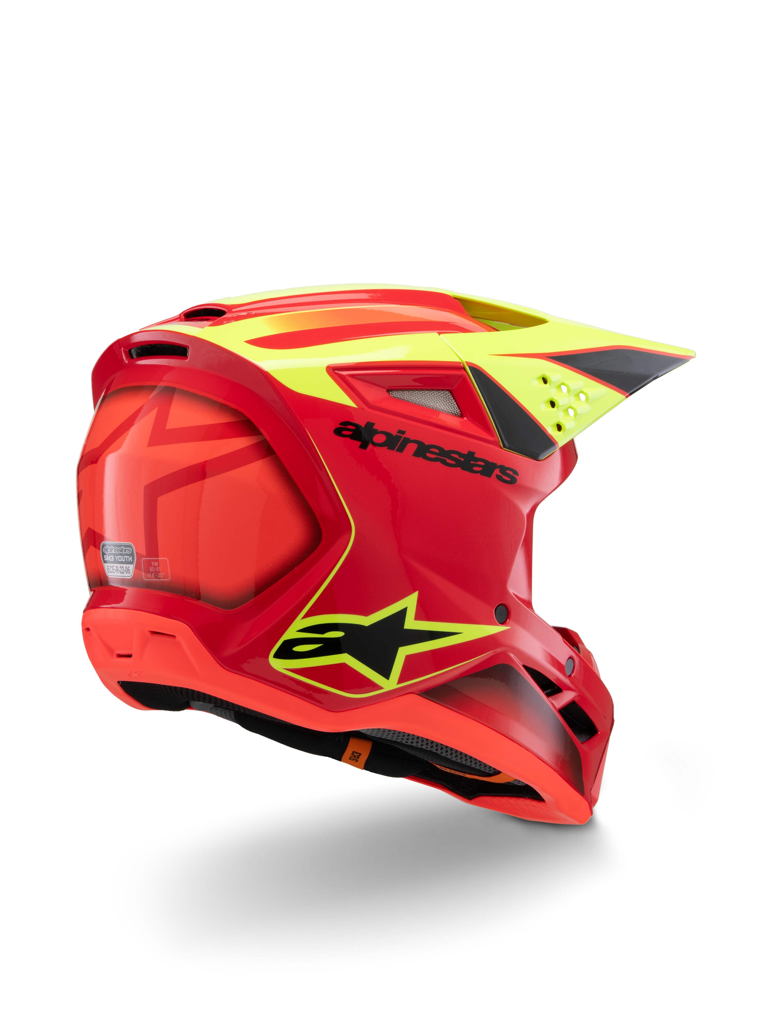 Alpinestars S-M3 Jeugd Fray Helm, rood en geel fluo glanzend, driekwart achteraanzicht, met opvallende zwarte logo's en aerodynamische ventilatieopeningen, high-visibility jeugd motocrosshelm