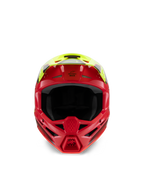 Alpinestars S-M3 Jeugd Fray-helm, motorcrosshelm, rood en geel fluo glanzend, vooraanzicht met nadruk op de ventilatie-inlaten en het agressieve kinstuk, gespecialiseerde off-road hoofdbescherming voor jonge rijders