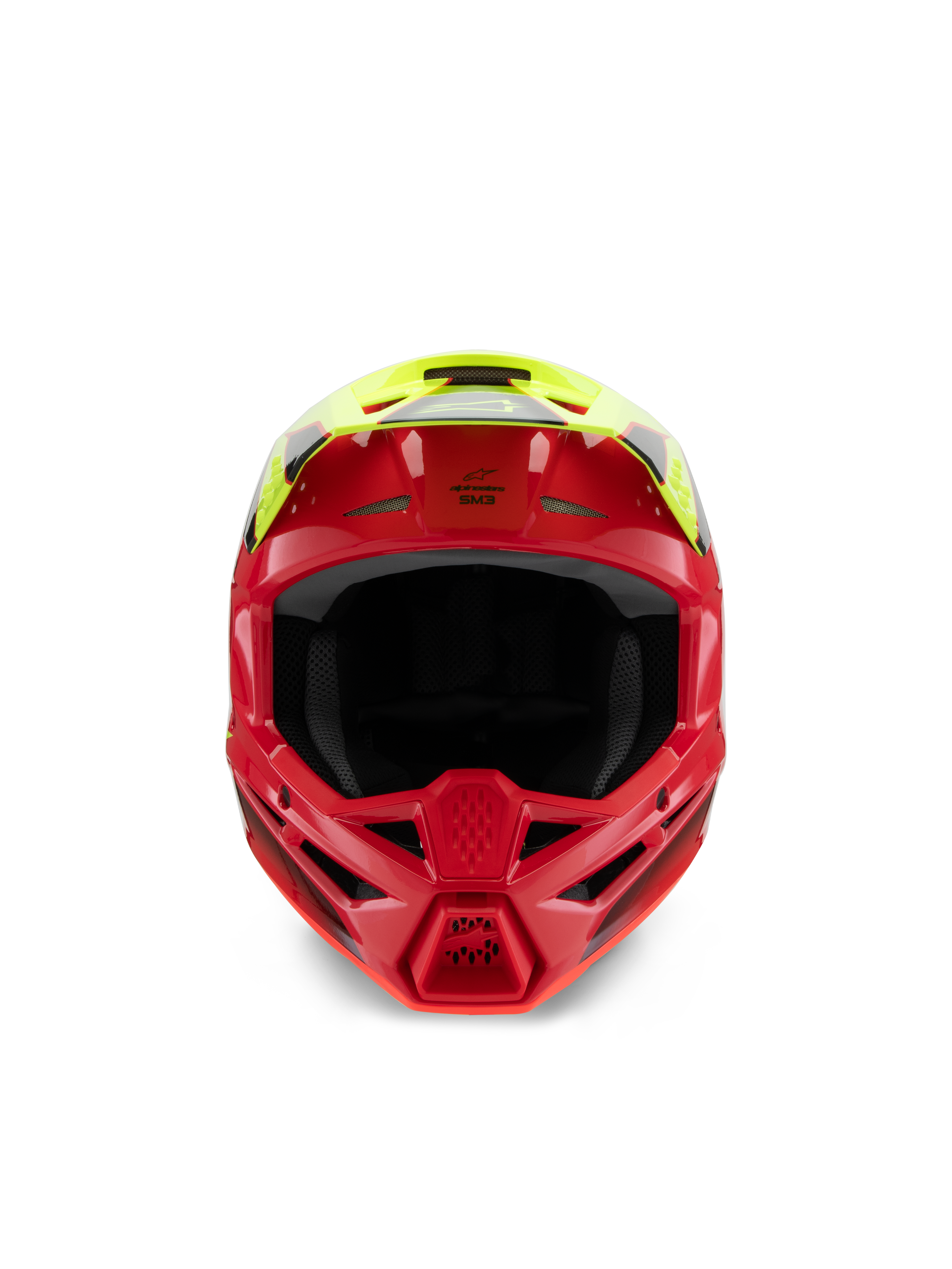 Alpinestars S-M3 Jeugd Fray-helm, motorcrosshelm, rood en geel fluo glanzend, vooraanzicht met nadruk op de ventilatie-inlaten en het agressieve kinstuk, gespecialiseerde off-road hoofdbescherming voor jonge rijders