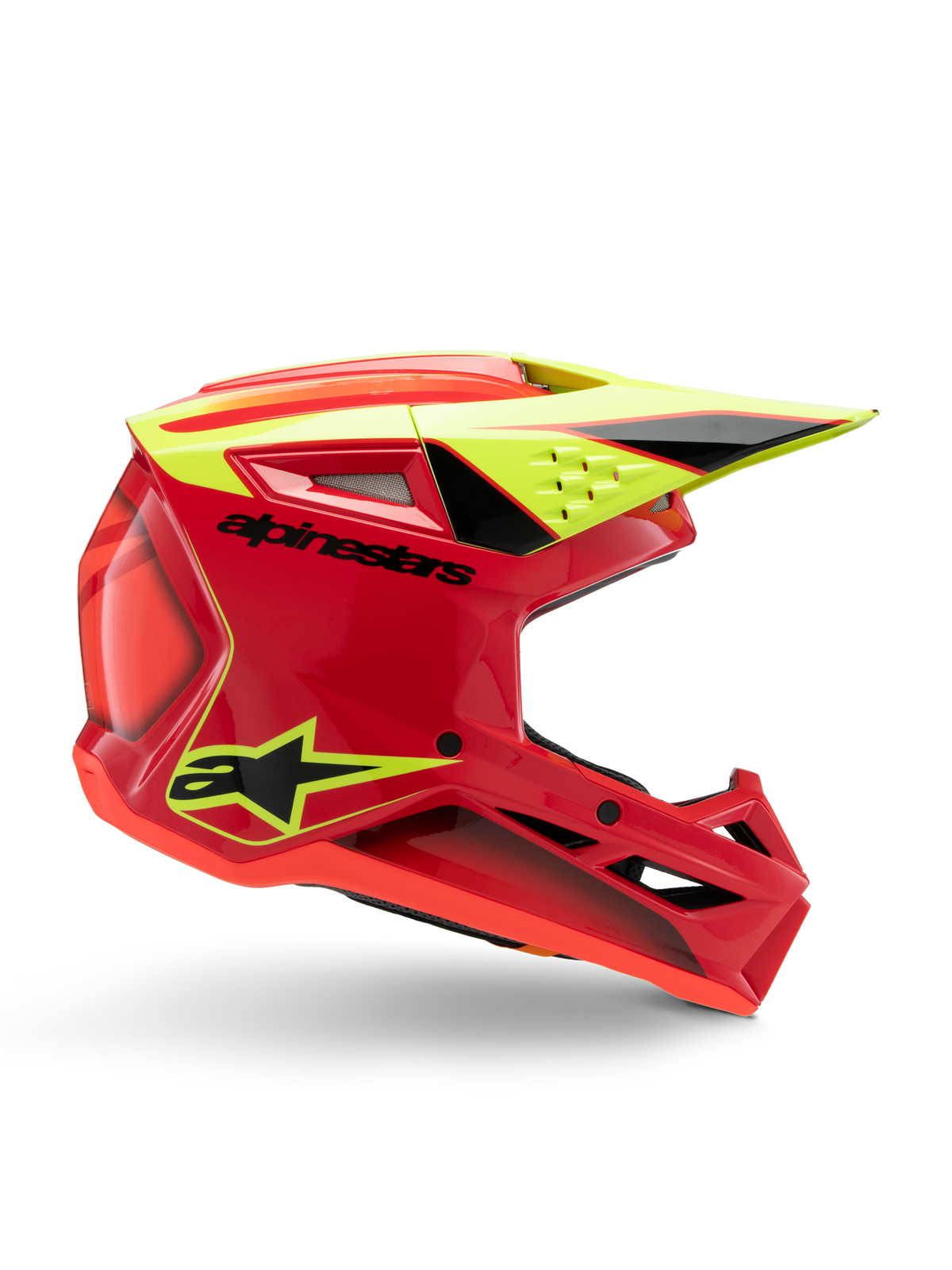 Alpinestars S-M3 Youth Fray Helm, Motocross-Helm, Rot, Gelb Fluo und Schwarz Glänzend, Seitenprofil mit aerodynamischem Design, integriertes Visier und markante Belüftungsöffnungen, schwarzes Branding auf roter Helmschale, optimiert für Offroad-Performance für Jugendliche