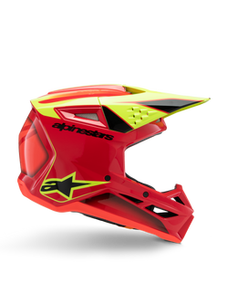 Alpinestars S-M3 Youth Fray Helm, Motocross-Helm, Rot, Gelb Fluo und Schwarz Glänzend, Seitenprofil mit aerodynamischem Design, integriertes Visier und markante Belüftungsöffnungen, schwarzes Branding auf roter Helmschale, optimiert für Offroad-Performance für Jugendliche