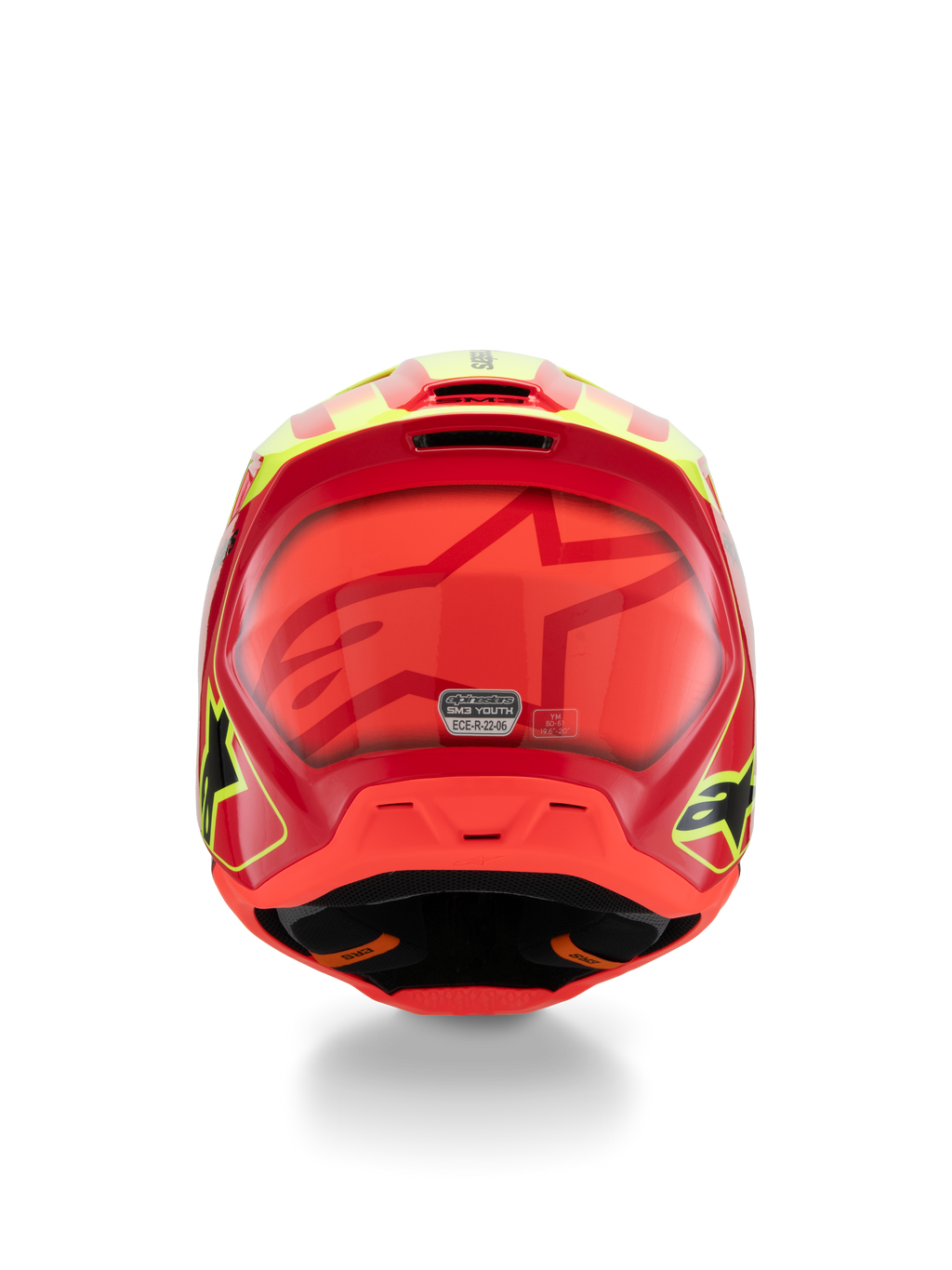 Alpinestars S-M3 Youth Fray Helm, motocrosshelm, rood, fluor geel en glanzend zwart, achteraanzicht met een groot tonaal ster-logo, ECE 22.06-certificeringssticker en aerodynamisch schaalontwerp met zijlogo's.