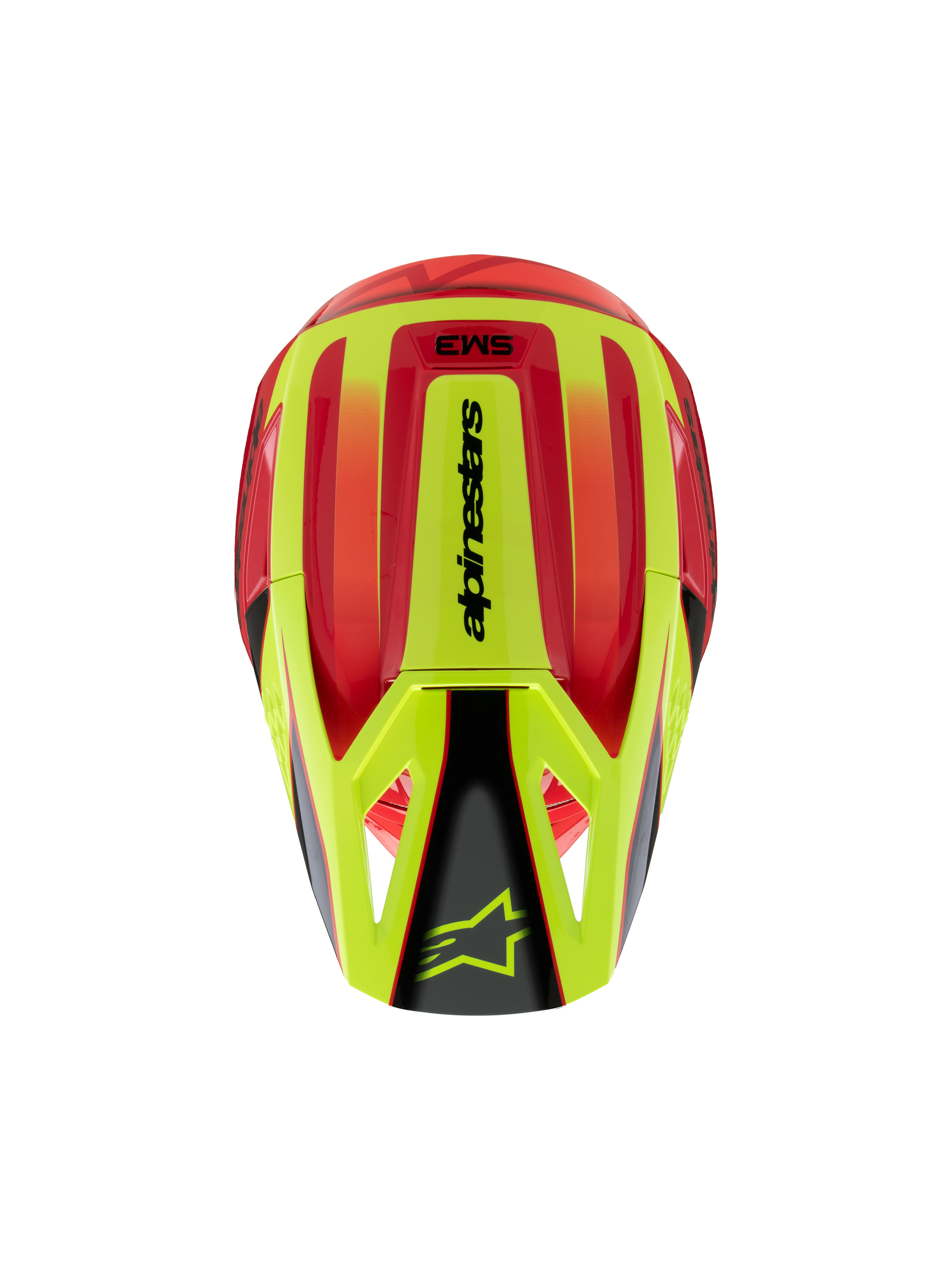 Alpinestars S-M3 Youth Fray Helm, jeugd motocrosshelm, rood en fluorescerend geel met zwarte glossy afwerking, bovenaanzicht met aerodynamische schaal en Alpinestars-logo op de klep