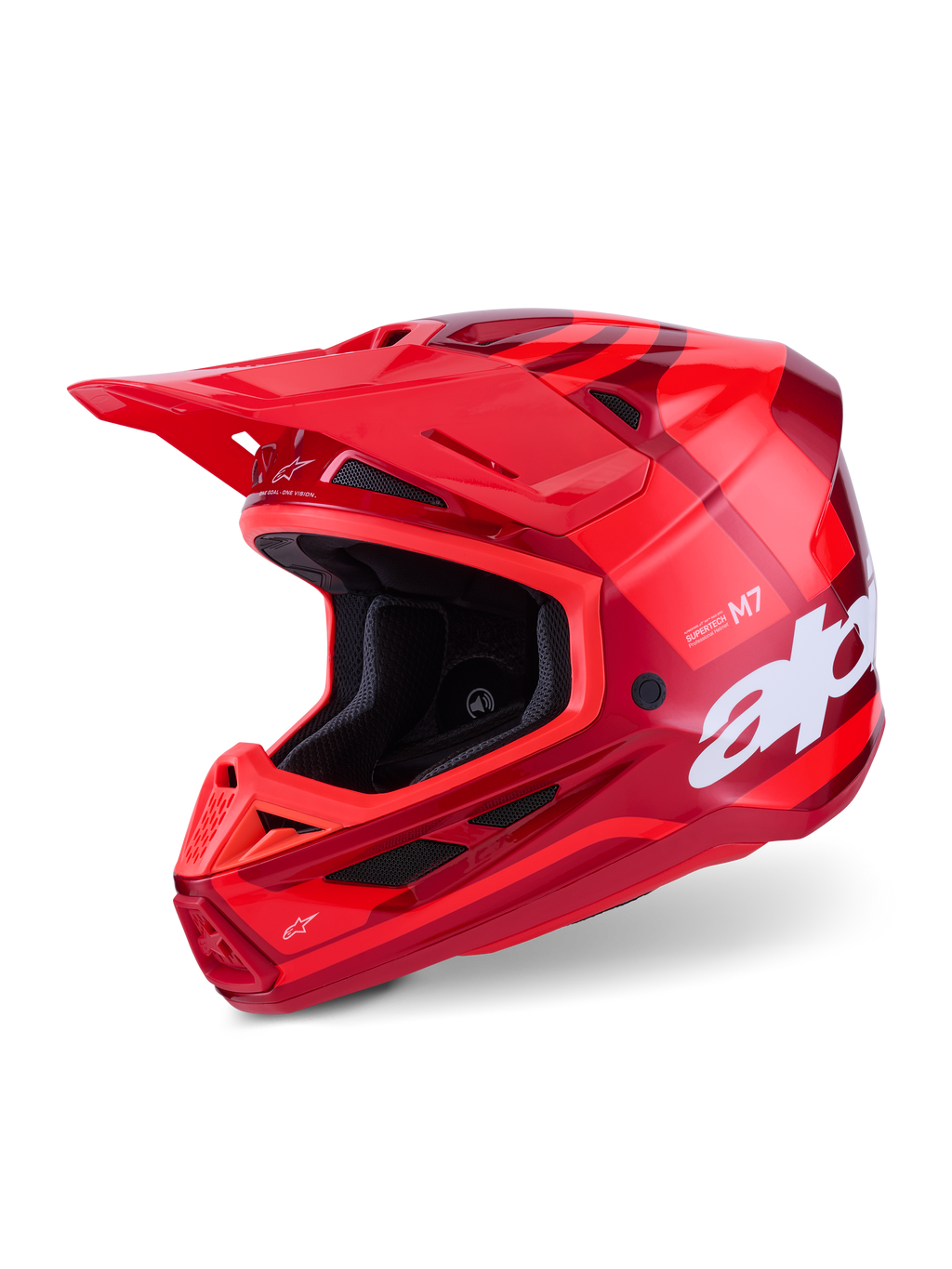 Alpinestars S-M7 Core Helm, motorcrosshelm, glanzend rood, meerkleurige rode graphics met grote witte merklogo's, aerodynamische composietschaal met diverse ventilatieopeningen en een verstelbaar vizier, professionele off-road race-uitrusting