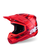 Alpinestars S-M7 Core Helm, motorcrosshelm, glanzend rood, meerkleurige rode graphics met grote witte merklogo's, aerodynamische composietschaal met diverse ventilatieopeningen en een verstelbaar vizier, professionele off-road race-uitrusting