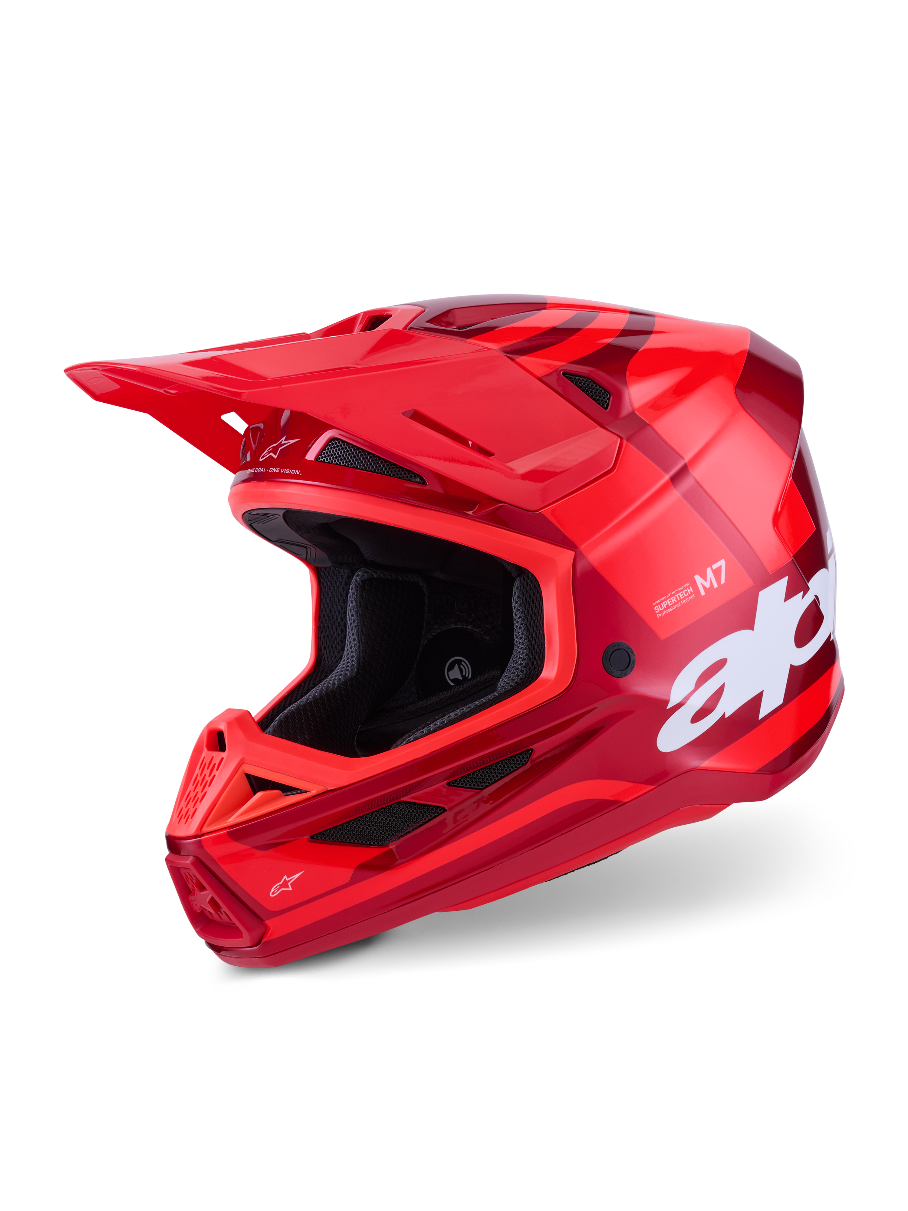 Alpinestars S-M7 Core Helm, motorcrosshelm, glanzend rood, meerkleurige rode graphics met grote witte merklogo's, aerodynamische composietschaal met diverse ventilatieopeningen en een verstelbaar vizier, professionele off-road race-uitrusting