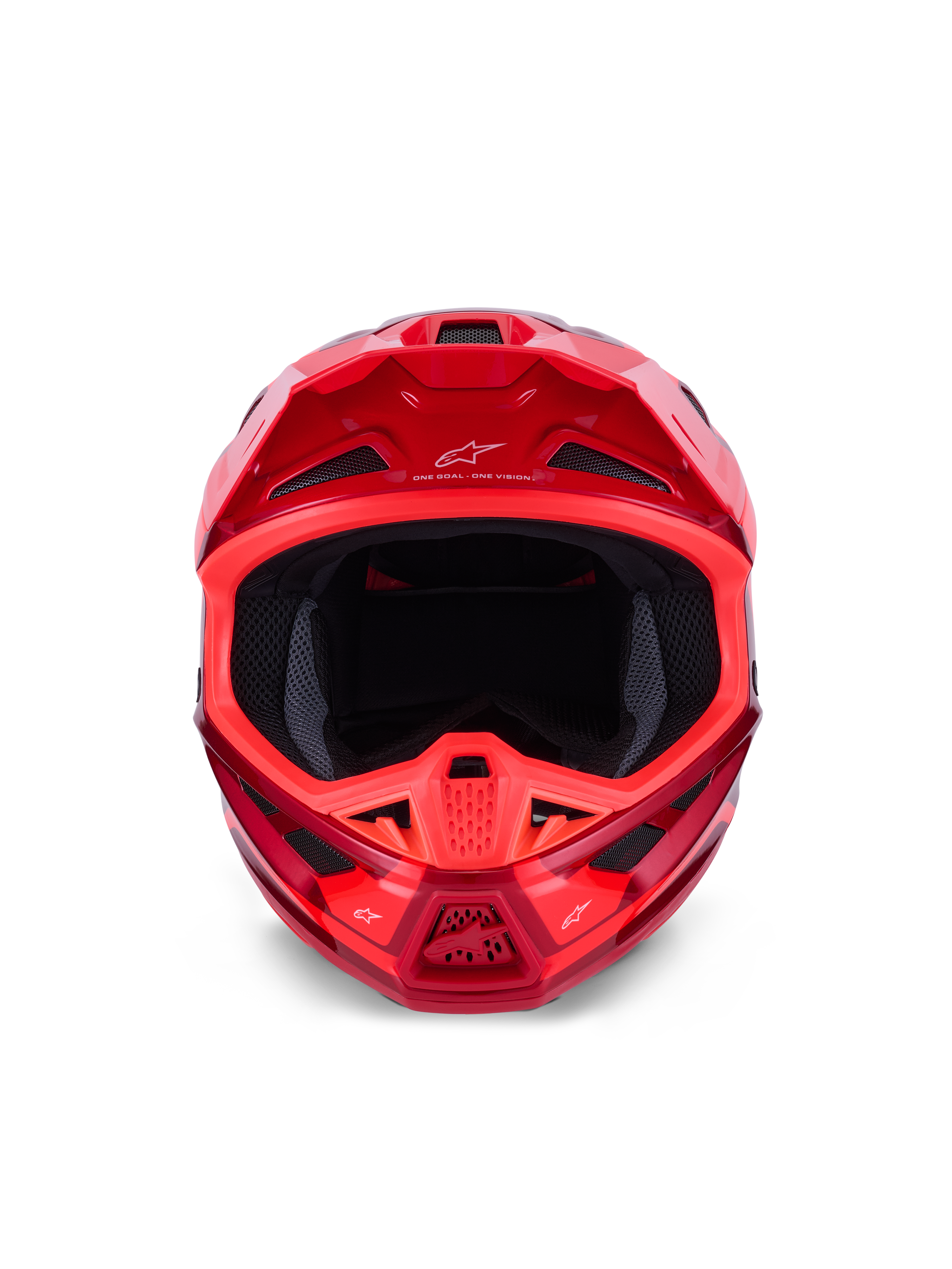 Alpinestars S-M7 Core helm, motorcrosshelm, glanzend rood, vooraanzicht met meerdere ventilatieopeningen en aerodynamisch ontwerp, Astars-branding op het vizier en de kinbeugel, professionele off-road race-uitrusting