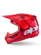 Alpinestars S-M7 Core Helm, glanzend rood met geometrische accenten, motorcrosshelm, zijaanzicht, aerodynamische schaal met ventilatieopeningen en witte logo's, hoogwaardige off-road race-uitrusting